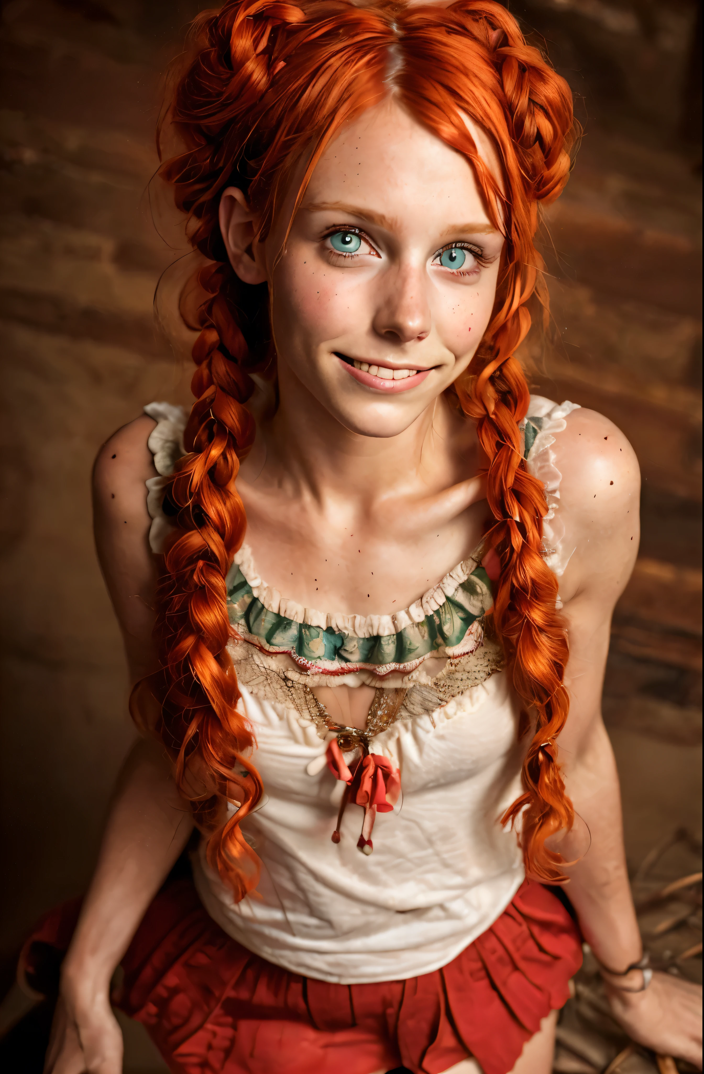 Ultra-detailed image of 18-year-old Pippi Longstocking, mischievous eyes, long red tousled and braided hair, sexual, Sloppy look, Short skirt, In Dynamic, smiling, bright colors, Intricate details of her beautiful eyes and perfect face, rim light.