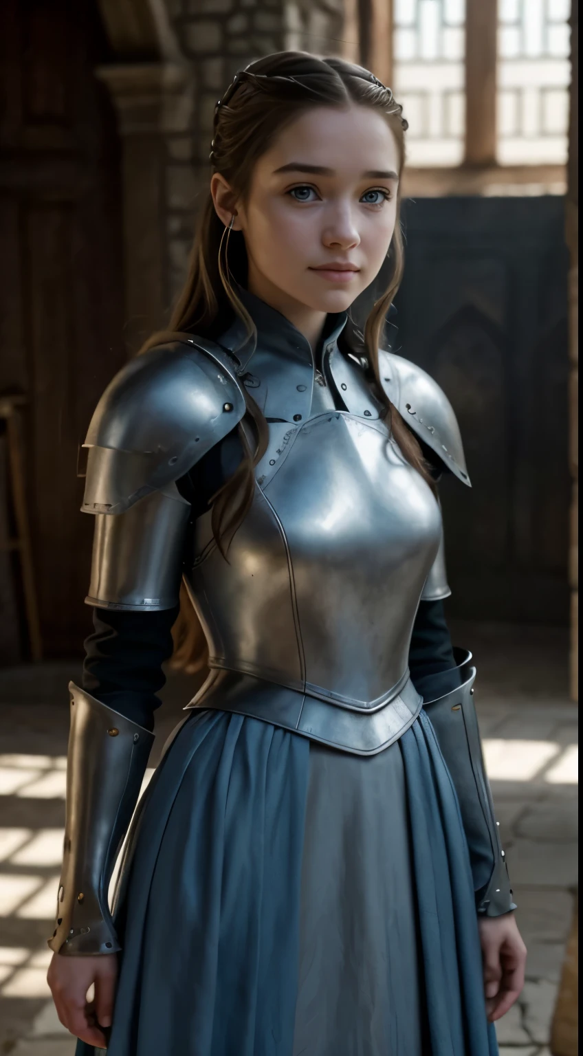Foto hiperrealista en primer plano de Willa Fitzgerald, Create dystopian masterpieces, scene from the Game of Thrones movie, the entire figure dressed in Game of Thrones style, light blue dress with armor accessories, inside a medieval in, beautiful woman, skinny, small breasts, straight brown hair, detailed face, smile, photo taken from a distance, age 20 tears old