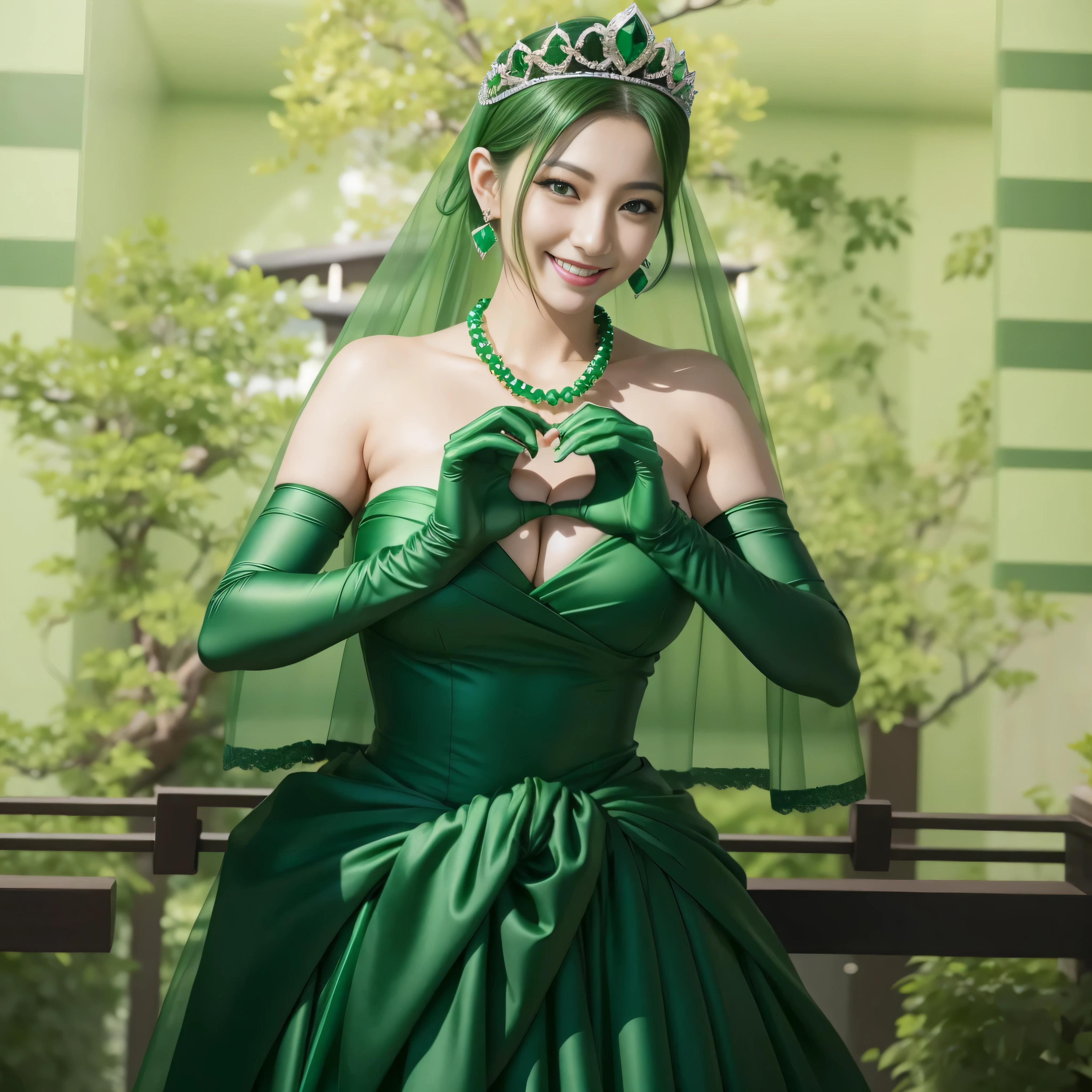emerald tiara, green pearl necklace, ボーイッシュな非常に短いgreen hair, lipstick, smiling Japanese woman, very short hair, Beauty with large , green eyes, Long Green Satin Gloves, green eyes, emerald earrings, green veil, heart with both hands, green hair, Beautiful Japan woman in her 30s, heart shaped hand:1.3
