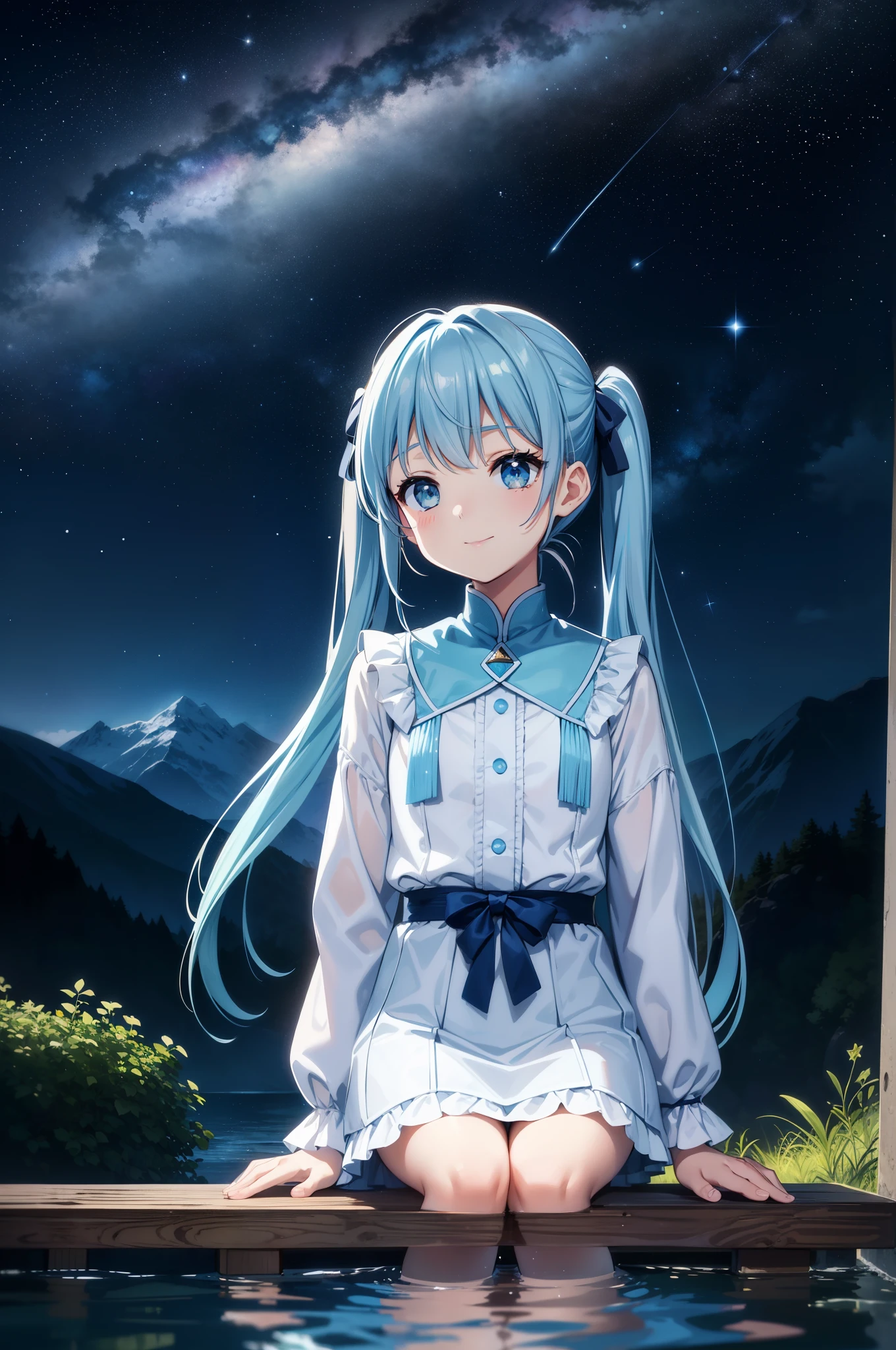 {{{table top}}}, {{best quality, Super delicate illustration, beautiful and delicate water}}, {{very delicate light}}, {{nature, painting}}, {{Fine Lighting, more transparent stars, Quality Mountains々、Very fine 8K PCG wallpaper}}, (plateau), night sky、starry sky、shooting star、milky way、randomly distributed clouds, cliff, ((回転するstarry sky)), ((mountain stream lake)), Beautiful girl with long light blue hair with luminous particles、twin tails、adorable smile、looking at the camera