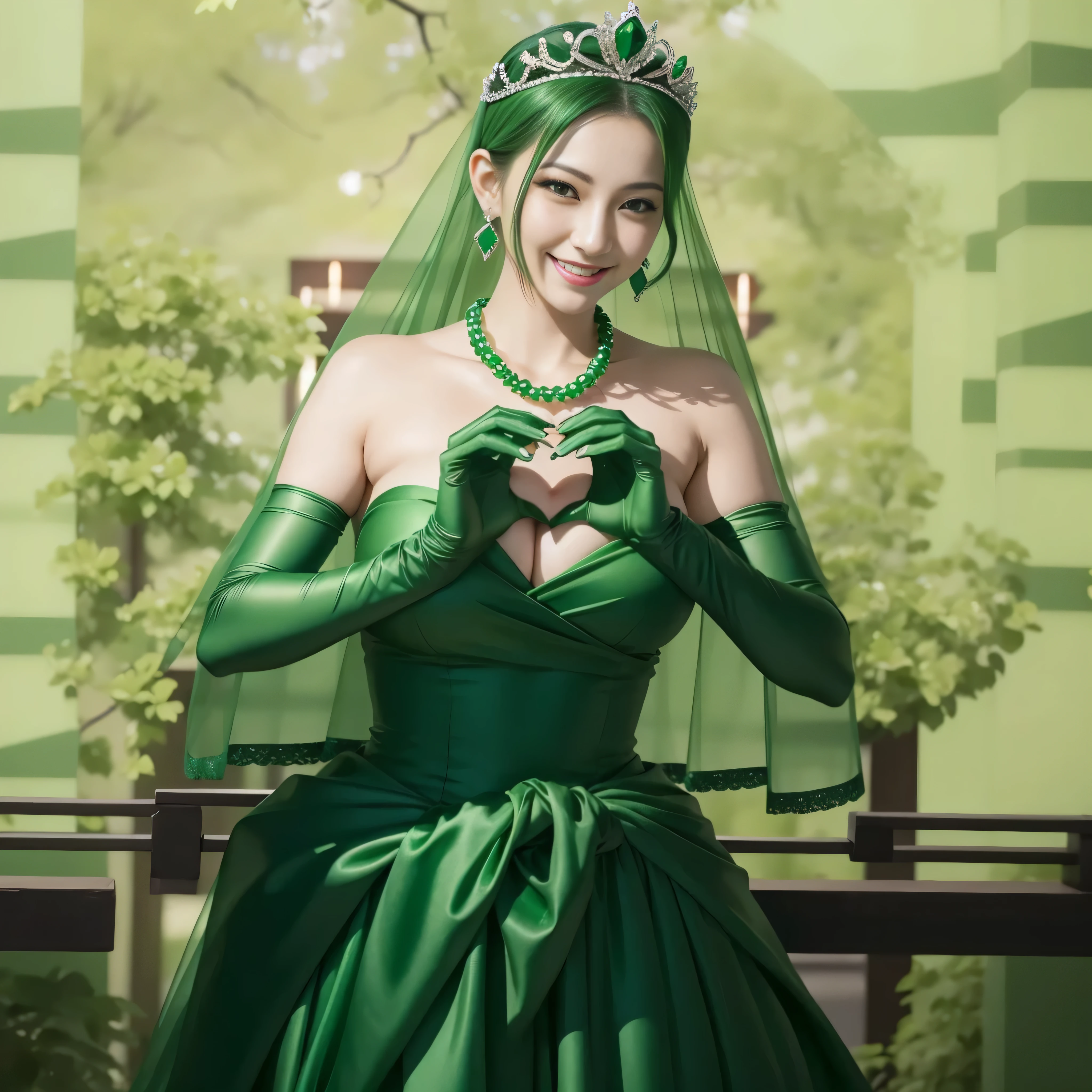 emerald tiara, green pearl necklace, ボーイッシュな非常に短いgreen hair, lipstick, smiling Japanese woman, very short hair,  Beauty with large breasts, green eyes, Long Green Satin Gloves, green eyes, emerald earrings, green veil, heart with both hands, green hair, Beautiful Japan woman in her 30s, heart shaped hand:1.3