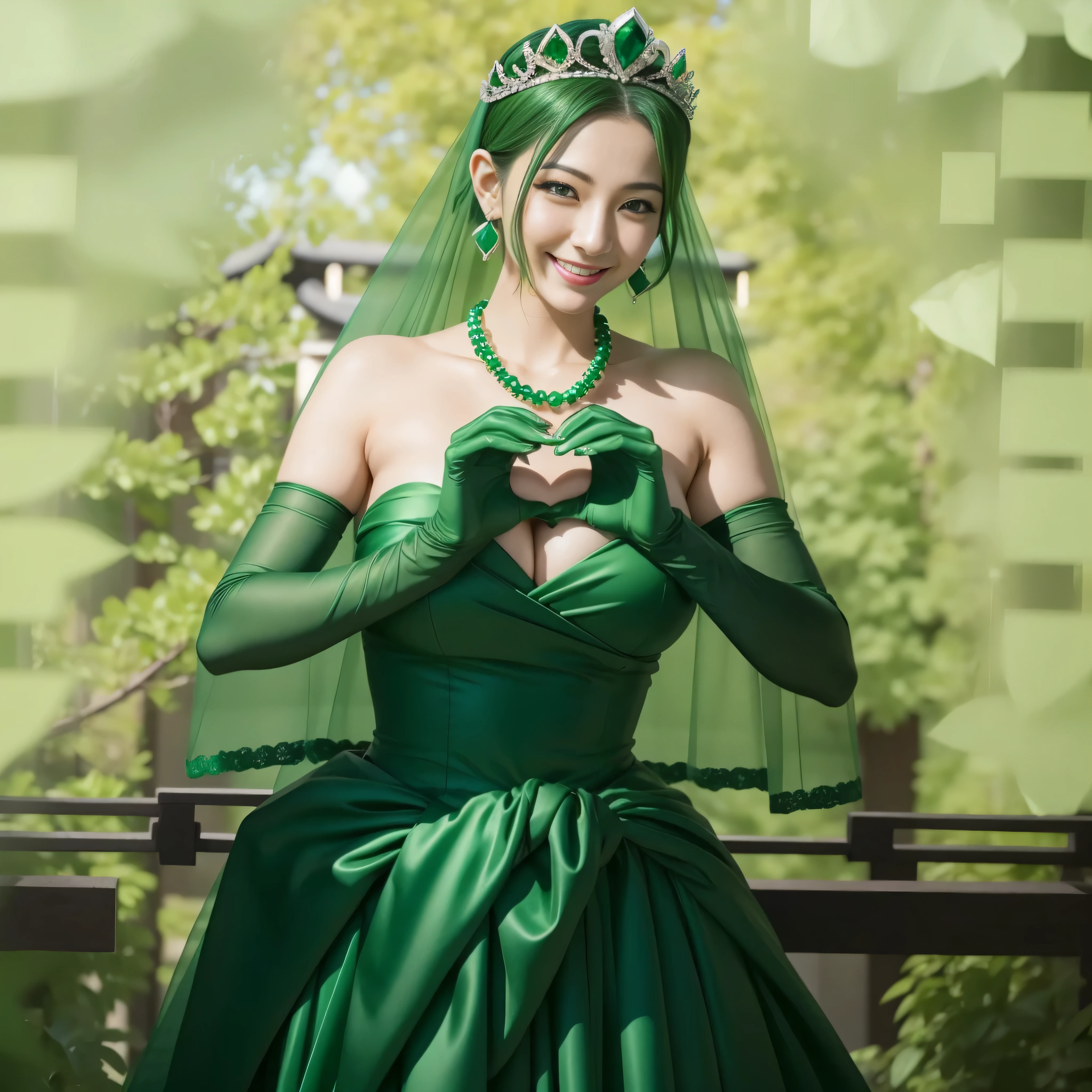 emerald tiara, green pearl necklace, ボーイッシュな非常に短いgreen hair, lipstick, smiling Japanese woman, very short hair, Beauty with large breasts, green eyes, Long Green Satin Gloves, green eyes, emerald earrings, green veil, heart with both hands, green hair, Beautiful Japan woman in her 30s, heart shaped hand:1.3
