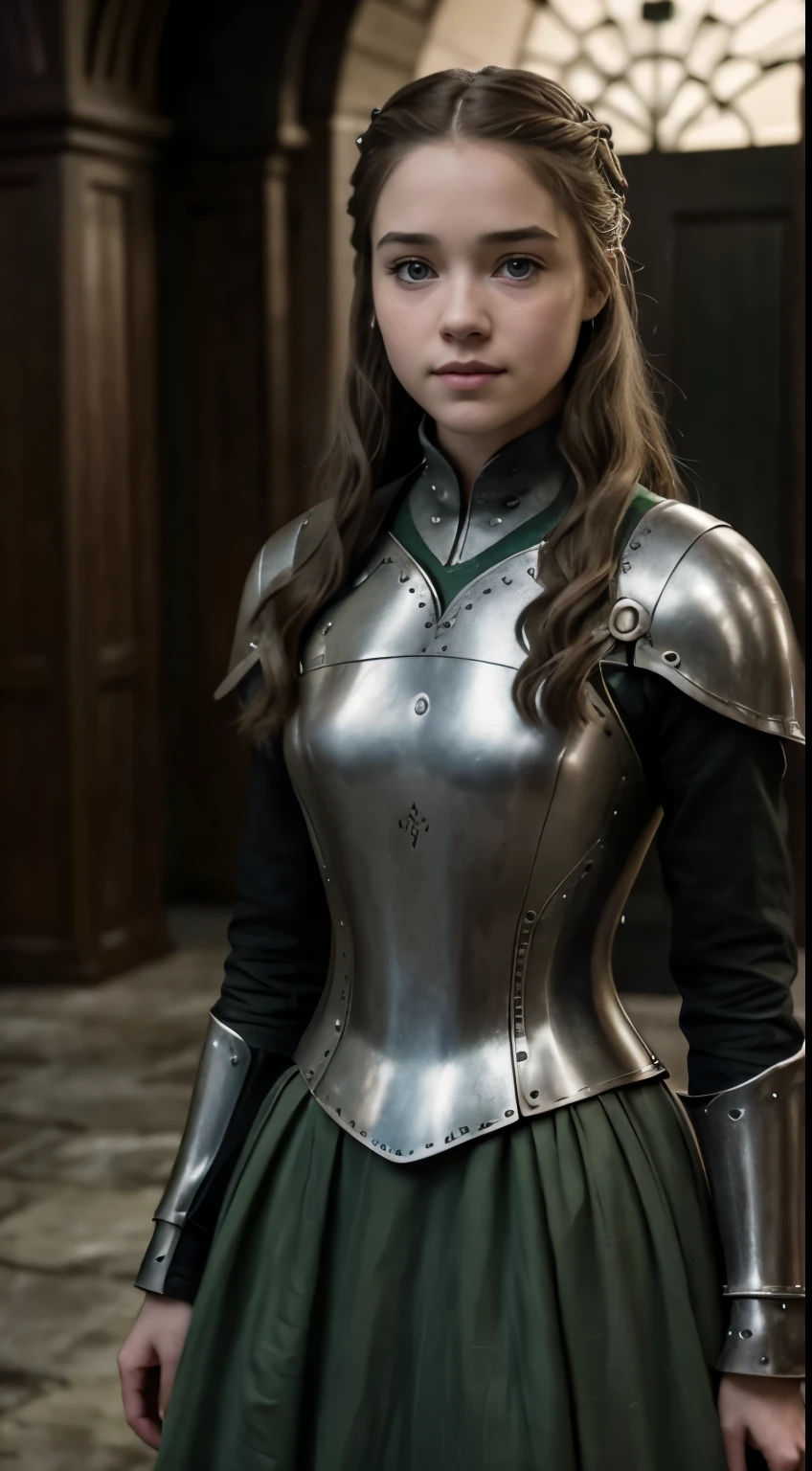 Foto hiperrealista en primer plano de Willa Fitzgerald, Create dystopian masterpieces, scene from the Game of Thrones movie, the entire figure dressed in Game of Thrones style, light green dress with armor accessories, inside a medieval in, beautiful woman, skinny, small breasts, straight brown hair, detailed face, smile,  photo taken from a distance, age 20 tears old