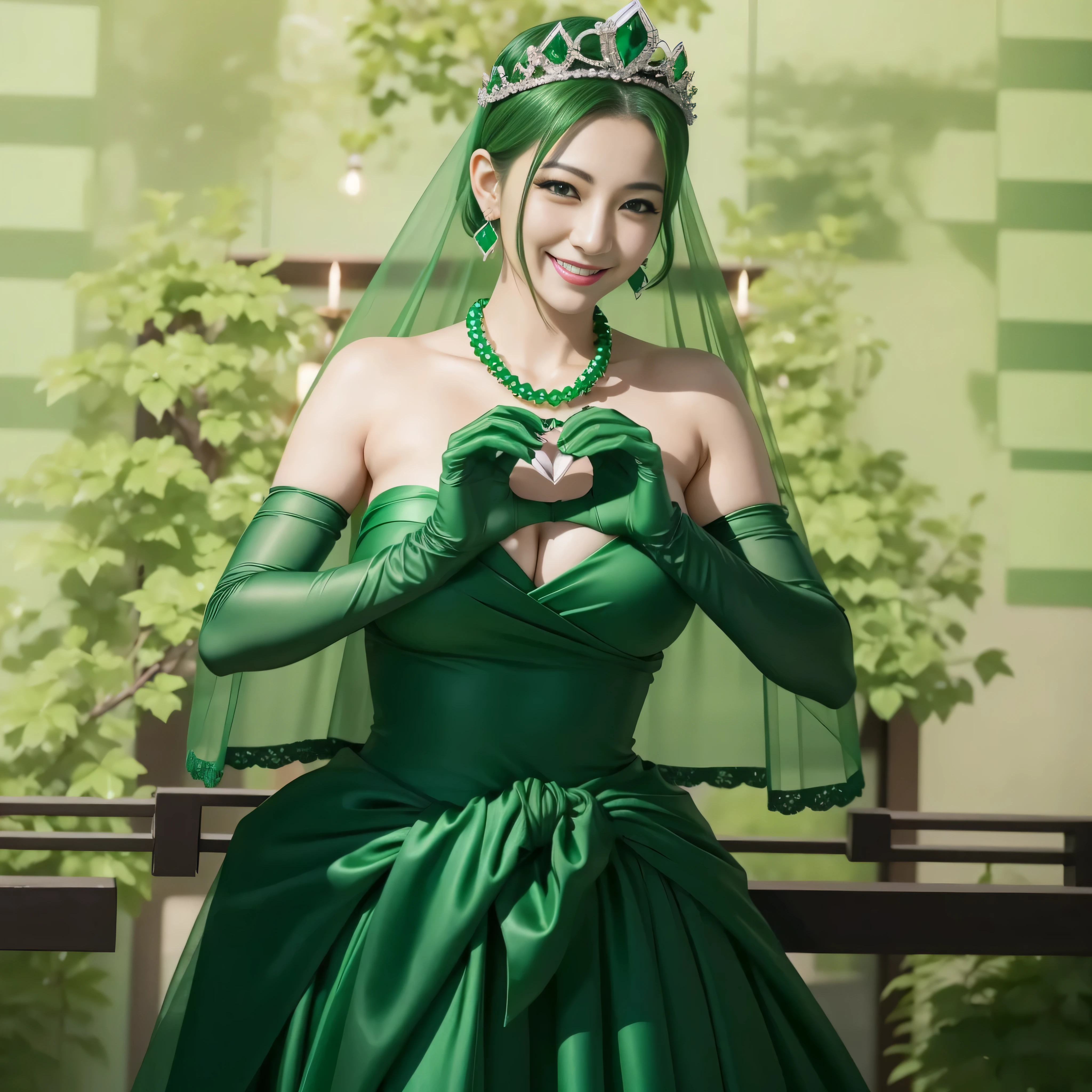 emerald tiara, green pearl necklace, ボーイッシュな非常に短いgreen hair, lipstick, smiling Japanese woman, very short hair,  Beauty with large breasts, green eyes, Long Green Satin Gloves, green eyes, emerald earrings, green veil, heart with both hands, green hair, Beautiful Japan woman in her 30s, heart shaped hand:1.3