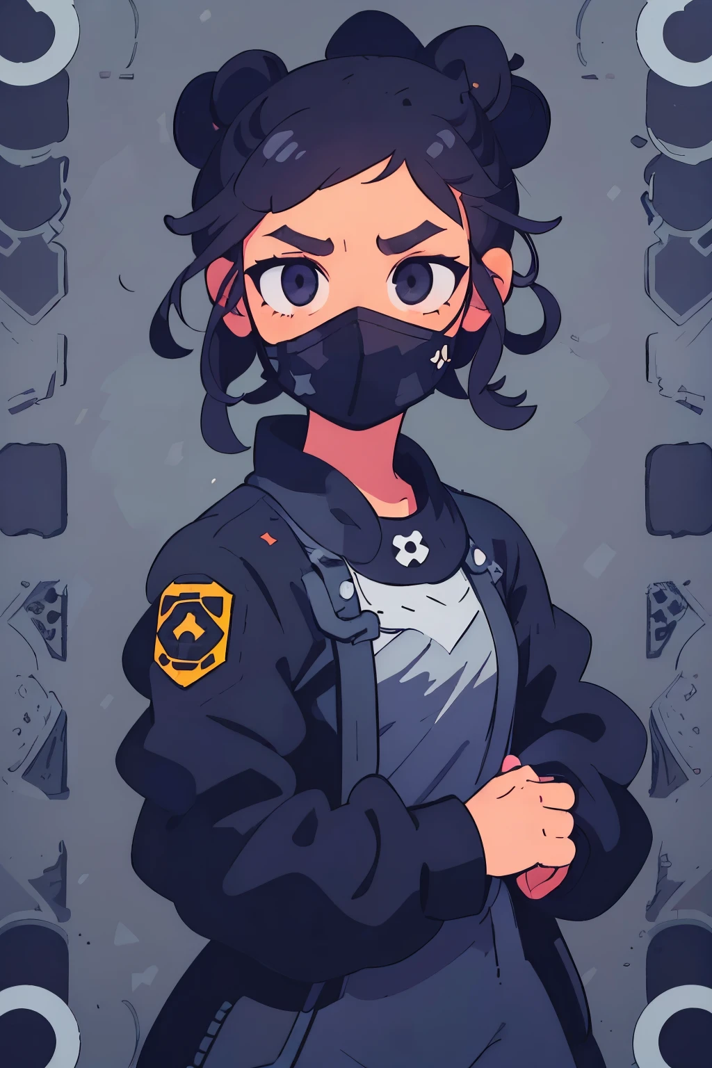 girl, Black messy bun, black eyes, wearing military jumpsuit and overalls, flat vector style, Geometric pattern background, upper body, magazine cover, a digital painting by Fujiwara Nobuzane