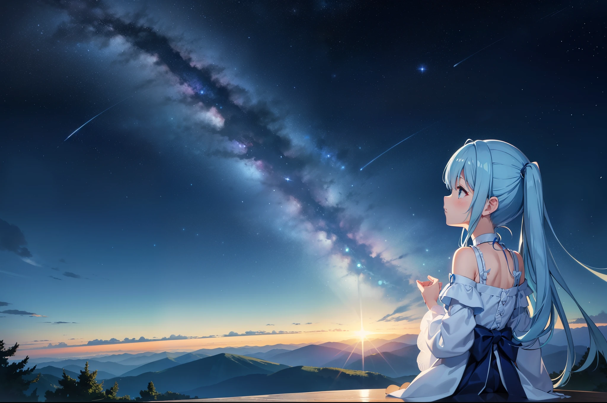 {{{table top}}}, {{best quality, Super delicate illustration, }}, {{very delicate light}}, {{nature, painting}}, {{Fine Lighting, more transparent stars, Quality Mountains々、Very fine 8K PCG wallpaper}}, (plateau), night sky、starry sky、shooting star、milky way、randomly distributed clouds, cliff, ((回転するstarry sky)), Beautiful girl with long light blue hair with luminous particles、twin tails