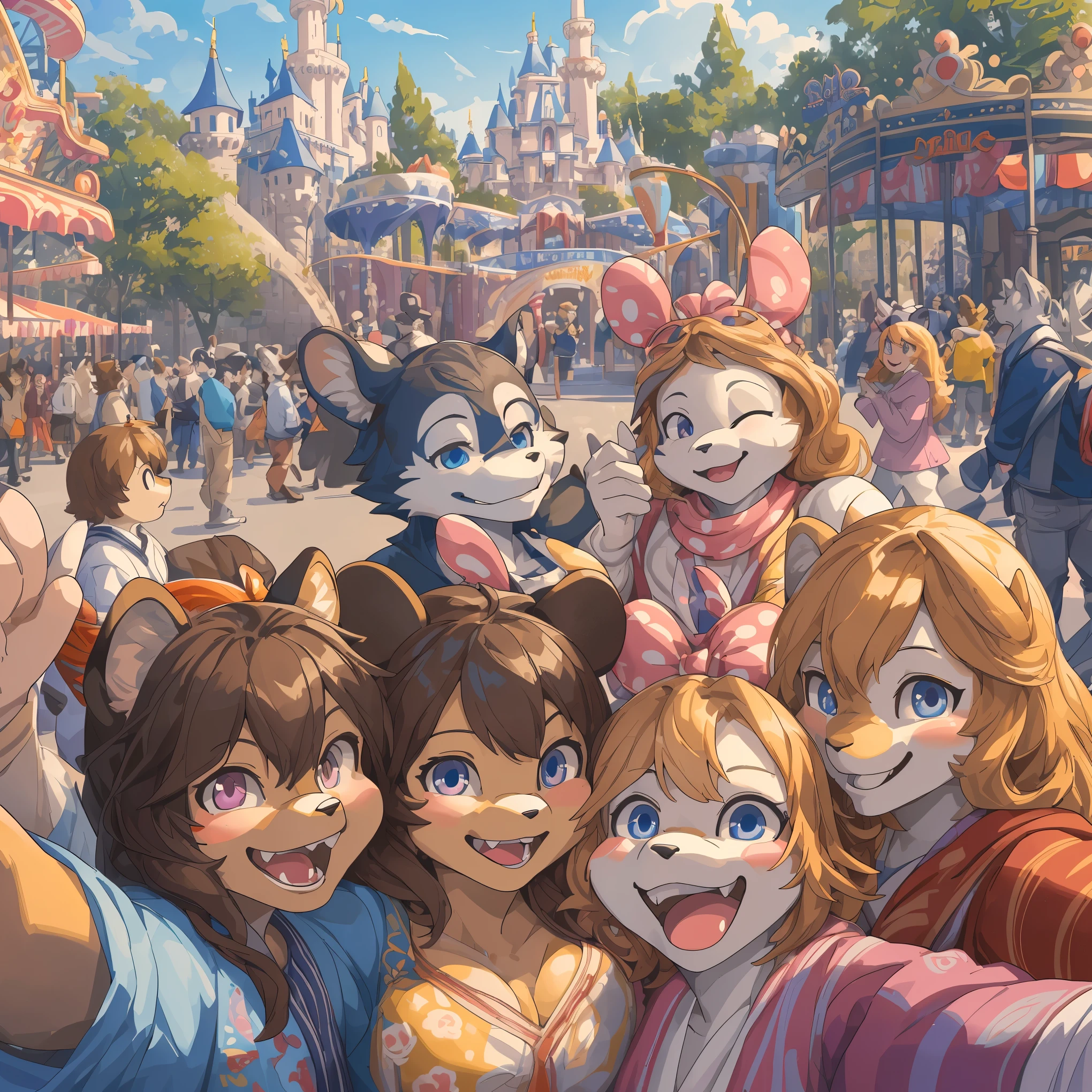 top quality, best quality, High-quality illustrations, masterpiece, super high resolution, detailed background, detailed background, An amusement park, Disneyland, group shot:0.5, 6+boys, 6+girls, Happy, joyful, absurdres(highly detailed beautiful face and eyes)perfect anatomy(Photos taken with friends)(kemono, furry anthro)selfie:0.5,