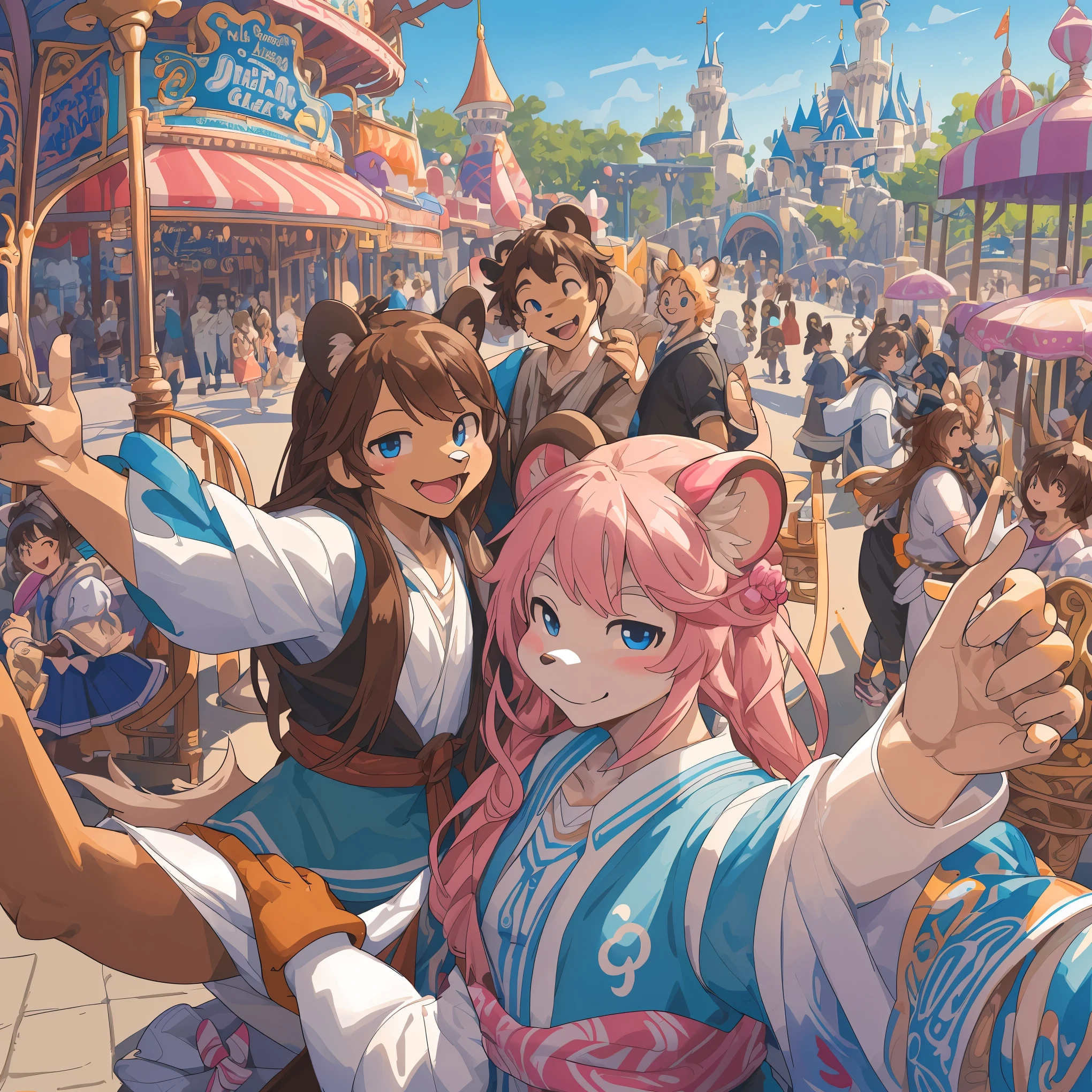 top quality, best quality, High-quality illustrations, masterpiece, super high resolution, detailed background, detailed background, An amusement park, Disneyland, group shot:0.5, 6+boys, 6+girls, Happy, joyful, absurdres(highly detailed beautiful face and eyes)perfect anatomy(Photos taken with friends)(kemono, furry anthro)selfie:0.5,