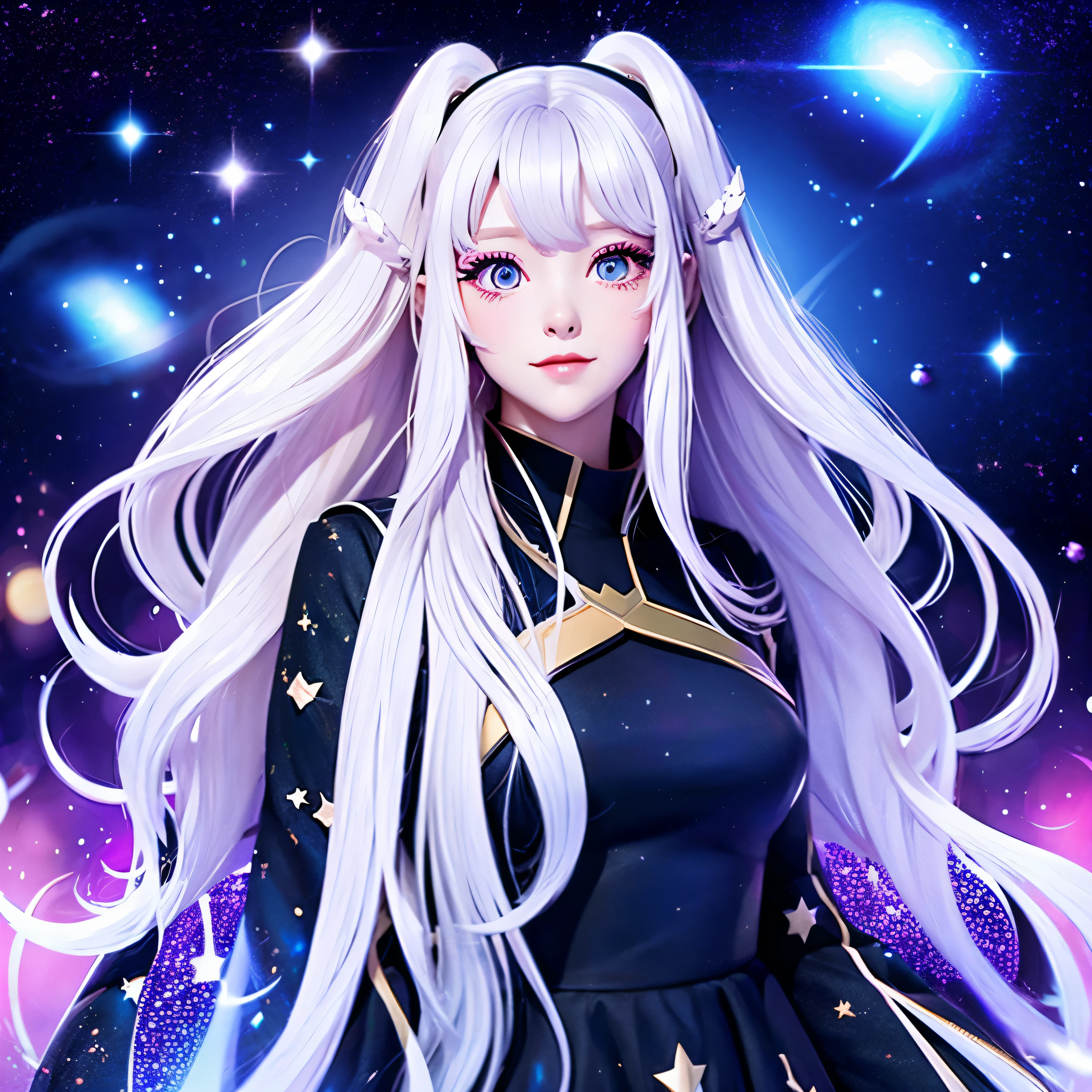 princess, long white hair, There are stars and black holes around.., Wear a galaxy pattern outfit, anime, 3D