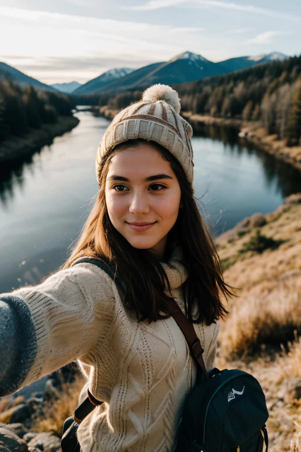 ((best quality)), ((masterpiece)), (detailed), perfect face, 18 year old girl((upper body selfie, happy)), brunette, long hair, masterpiece, best quality, ultra-detailed, solo, outdoors, mountains, nature, cheerful, happy, backpack, sleeping bag, camping stove, water bottle, mountain boots, gloves, sweater, hat, flashlight, forest, rocks, river, wood, smoke, shadows, contrast, clear sky, analog style (look at viewer:1.2) (skin texture) (film grain:1.3), (warm hue, warm tone)