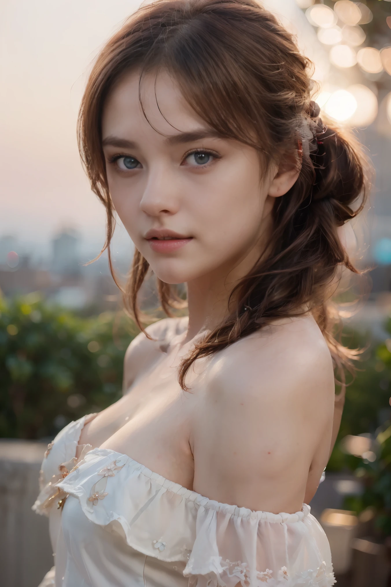 ((1girl in)), (Twintails), blue eyes, pastel blue eyes,Brown hair, Amazing face and eyes, Pink eyes, (amazingly beautiful girl), Brown hair, off shoulder, ((Best Quality)), (Ultra-detailed), (extremely detailed CG unified 8k wallpaper), Highly detailed, High-definition raw color photos, Professional Photography, (((Bokeh))), depth of fields, Twilight, Sunset
