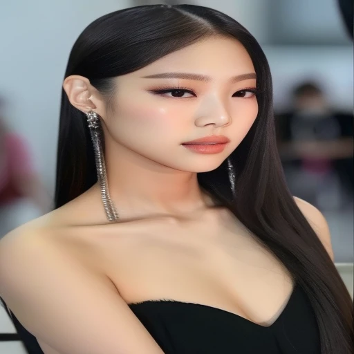 um close up de Jennie Kim com longos cabelos pretos usando um vestido preto