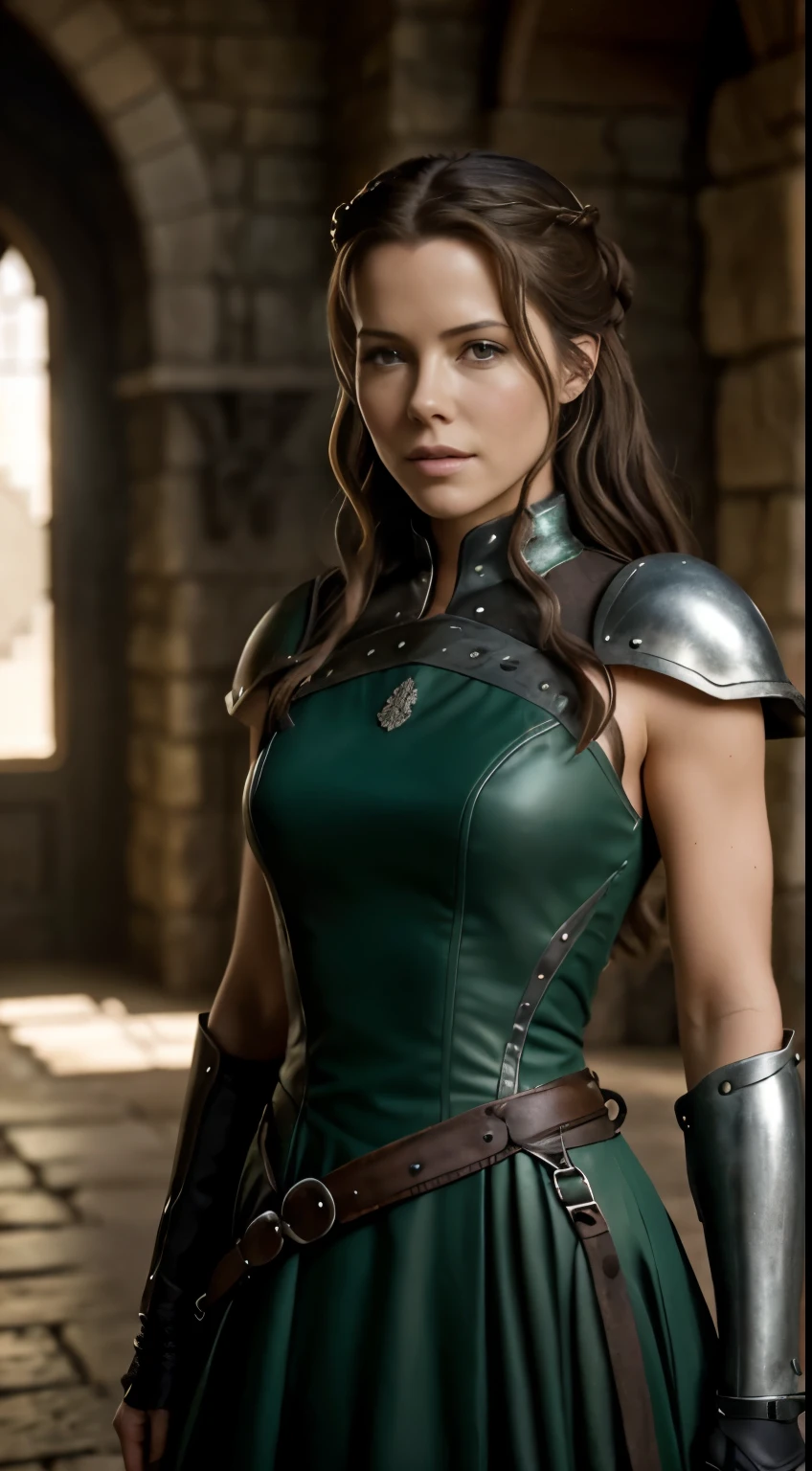 Foto hiperrealista en primer plano de Kate Beckinsale, Create dystopian masterpieces, scene from the Game of Thrones movie, the entire figure dressed in Game of Thrones style, light green dress with armor accessories, inside a medieval in, beautiful woman, skinny, small breasts, straight brown hair, detailed face, smile, photo taken from a distance, age 20 tears old