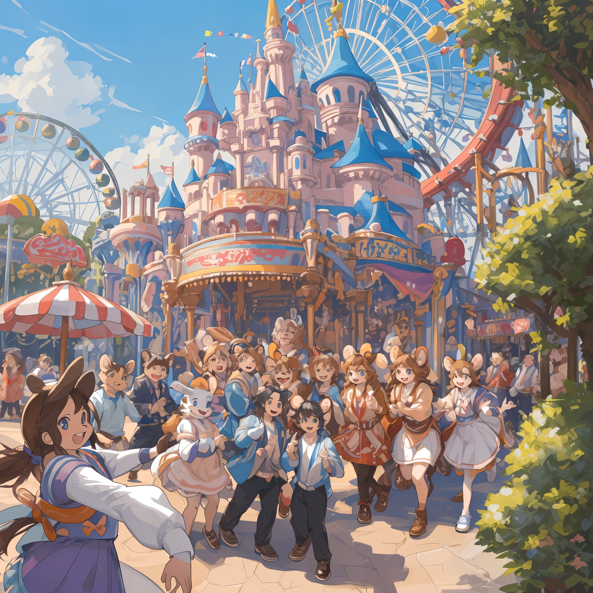 top quality, best quality, High-quality illustrations, masterpiece, super high resolution, detailed background, detailed background, An amusement park, Disneyland, group shot:0.5, 6+boys, 6+girls, Happy, joyful, absurdres(highly detailed beautiful face and eyes)perfect anatomy(Photos taken with friends)(kemono, furry anthro)selfie:0.5,