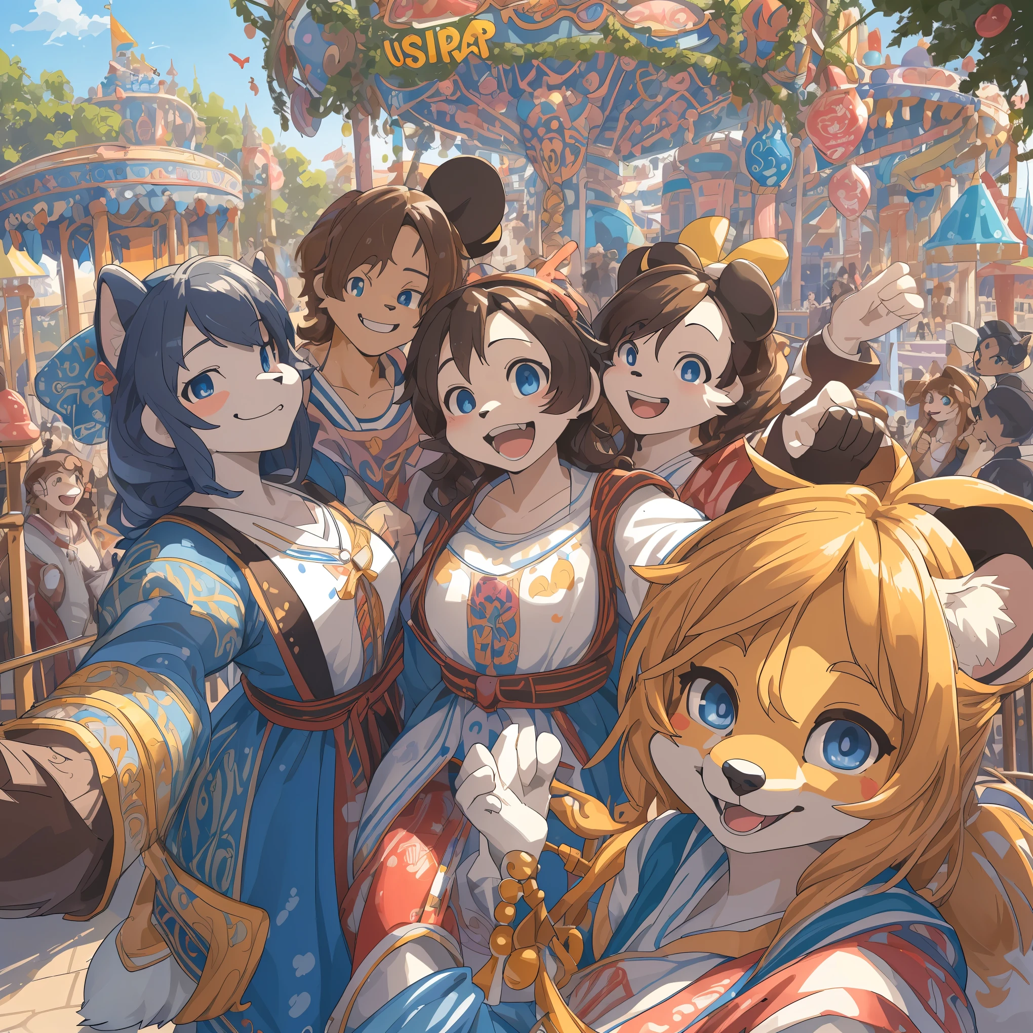 top quality, best quality, High-quality illustrations, masterpiece, super high resolution, detailed background, detailed background, An amusement park, Disneyland, group shot:0.5, 6+boys, 6+girls, Happy, joyful, absurdres(highly detailed beautiful face and eyes)perfect anatomy(Photos taken with friends)(kemono, furry anthro)selfie:0.5,