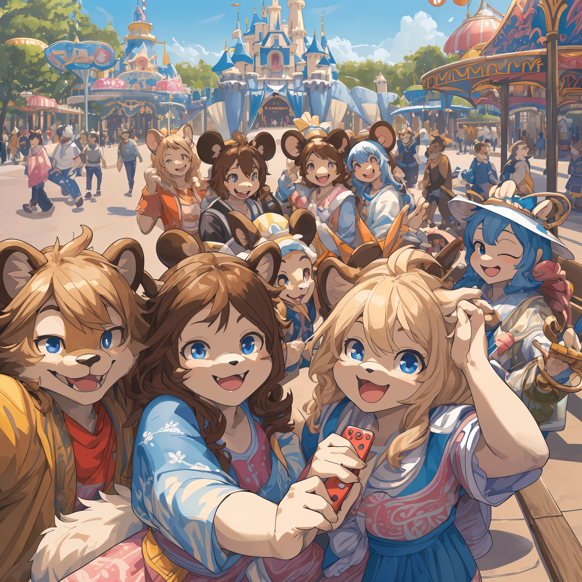 top quality, best quality, High-quality illustrations, masterpiece, super high resolution, detailed background, detailed background, An amusement park, Disneyland, group shot:0.5, 6+boys, 6+girls, Happy, joyful, absurdres(highly detailed beautiful face and eyes)perfect anatomy(Photos taken with friends)(kemono, furry anthro)selfie:0.5,