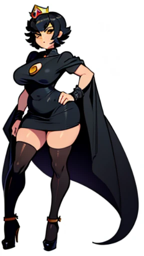 Princess female, Black short hair, legwear,huge hips, short dress , cute face , yellow eyes, bombs,super Mario Bros Style 