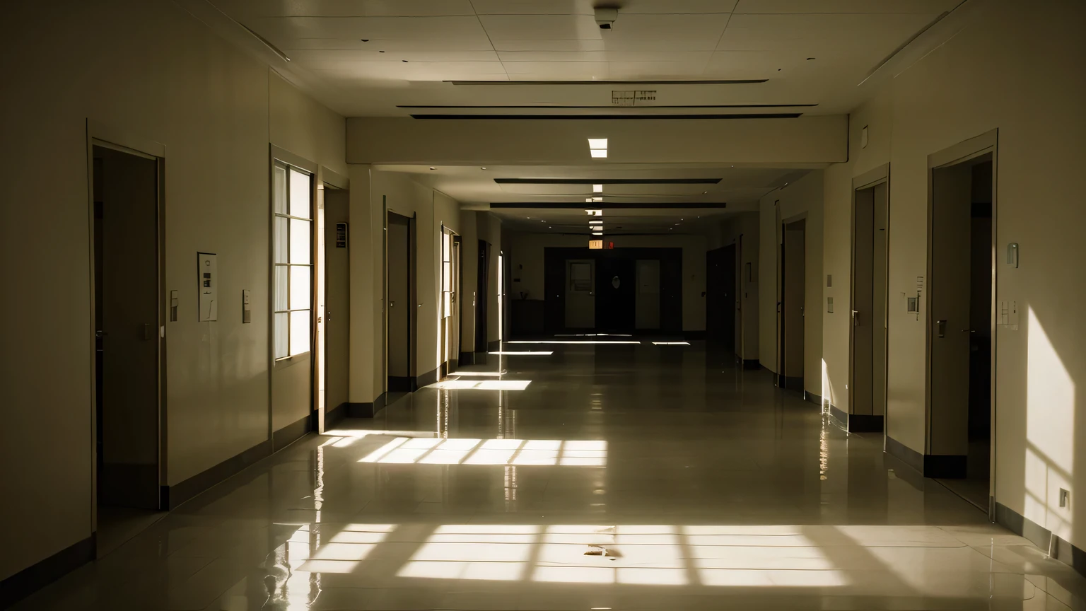 corredor de hospital macabro, pouca luz, luz cinematografica, ultra detalhado, obra de arte, terror, cena cinematografica
