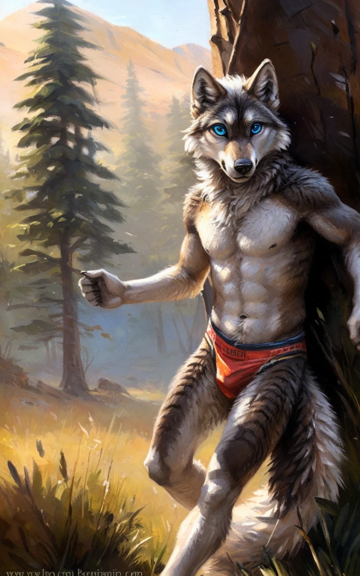((Solo)), male people, anthro wolf, (Multi-colored fur, White-brown:1.3,White tail pointed), (Height 2.1m,Tail length 1.2m), ((Wolf face, White hair, Big eyes, White eyelids, Blue pupil:1.2) (Tough, Calm expression:1.2)), Robust, Abs, pinging)), (Correct anatomy), (speedos:1.1), The upper body is naked, (detailed outfits),A long big tail,Feet,(Realistic fur, Detailed fur texture, labeled:1.3)), (Natural lighting), Photorealistic, Hyperrealistic, ultradetailed, by Kenket,Endless grasslands,There are no trees,There are no big stones,No artificiality,erect through,Running on
