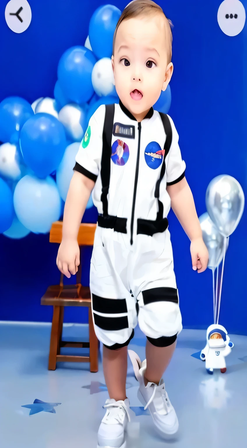 arafed baby in a Traje espacial standing in front of balloons, em uma roupa de cadete espacial, vestindo roupa de astronauta, with a Traje espacial on, trajes de astronauta, space themed, wearing a Traje espacial, Sobre a Astronautaa, Traje espacial, in Traje espacial, astronauta, wearing human air force jumpsuit, space theme, Traje espacial, wears tiny Traje espacial, wears a Traje espacial
