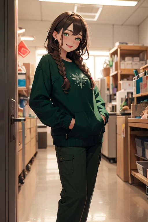 ((best quality)), ((masterpiece)), (detailed), Ridiculous resolution, high resolution, (masterpiece:1.4), Hyper-detailing, a woman. she is 20 years old. She has brown hair. curly Wavy hair. Mid length hair. braids. ((Ultra-detailed dark green eyes.)) She is wearing black cotton pantaloon. She is wearing a red wool sweater. freckles. blush. She is smiling. She has red lips. She is standing beside an operation room.  closed eyes, hands in pockets