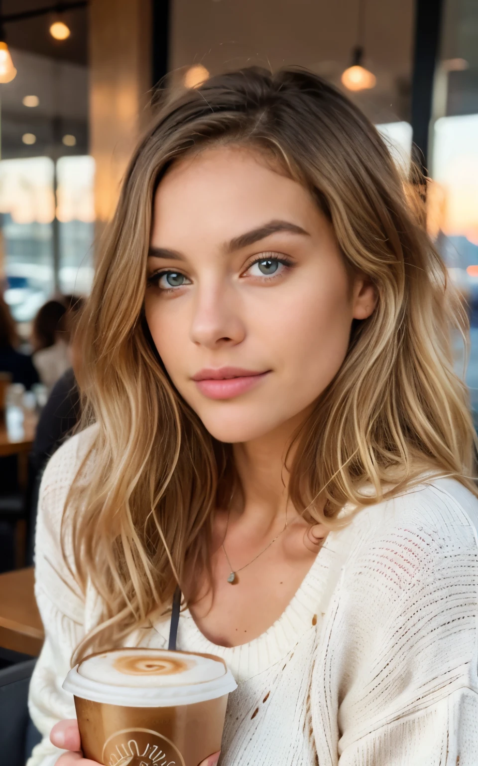 beautiful blonde wearing pink sweater (sipping coffee inside a modern café at sunset), very detailed, 21 years old, innocent face, natural wavy hair, blue eyes, high resolution, masterpiece, best quality, intricate details, highly detailed, sharp focus, detailed skin, realistic skin texture, texture, detailed heterochromia eyes, professional, 4k, charming smile, shot on Canon, 85mm, shallow depth of field,  kodak vision color, perfect fit body, extremely detailed, foto_\(ultra\), photorealistic, realistic, post-processing, maximum detail, roughness, real life, ultra realistic, photorealism, photography, 8k uhd, photography, 