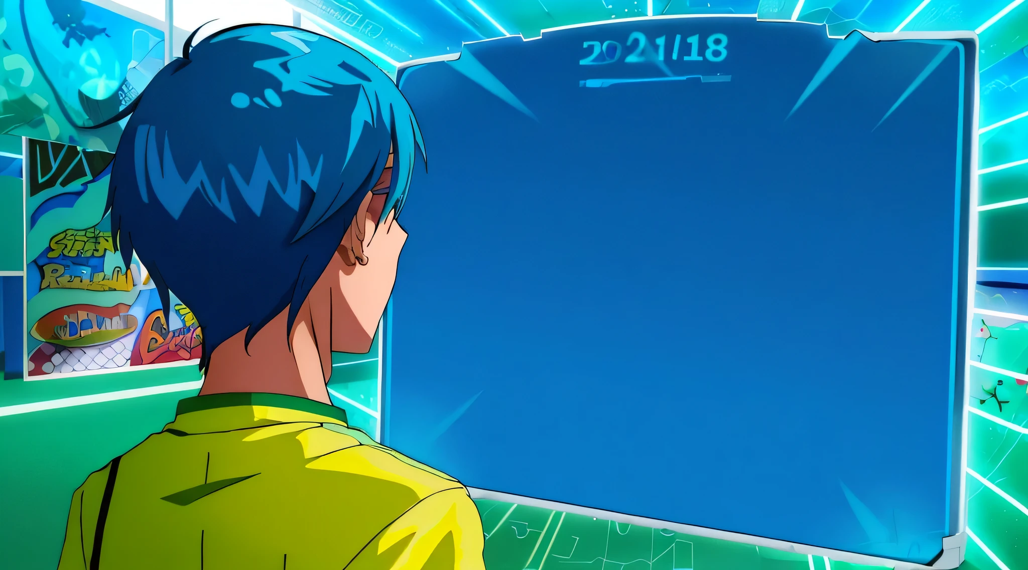 personagem de anime olhando para uma placa com fundo azul, CAMISA VERDE, Radio Jet Set future, style of Radio Jet Set, Radio Jet Set, background jet ground radio, stats, arte oficial, Radio Jet Set artwork, status icons, captura de tela do computador, in game graphic, foto do perfil 1024px, videogame ainda, olhando direto, tela de teste, looking here