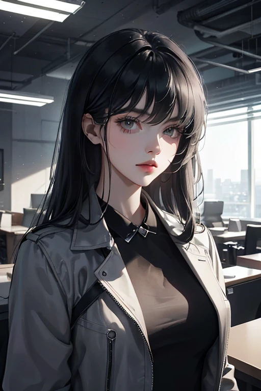 （The finest quality details，Beautiful image，8K，lifelike，dramatic lighting 1:1)(Digital art digital illustrations)，Office interior，(cool dim lighting)，16 year old girl，grey jacket，Bangs，long black hair，Beautiful and delicate face，a chaotic dystopia，future，