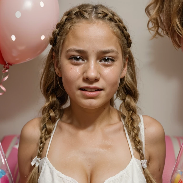 A crying girl. Cleavage. Birthday party. Braided blonde hair. Mouth slightly open.
