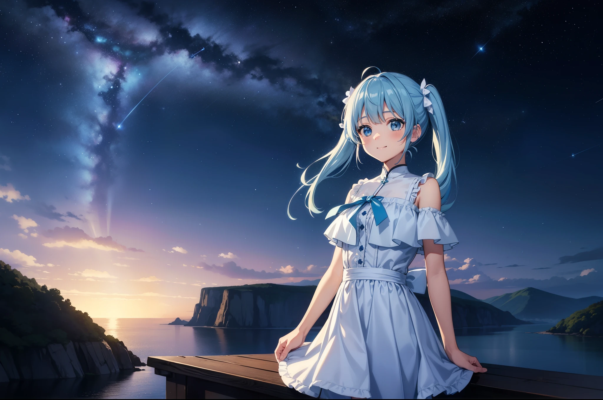 {{{table top}}}, {{best quality, Super delicate illustration, beautiful and delicate water}}, {{very delicate light}}, {{nature, painting}}, {{Fine Lighting, more transparent stars, Quality Mountains々、Very fine 8K PCG wallpaper}}, (plateau), night sky、starry sky、shooting star、milky way、randomly distributed clouds, cliff, ((回転するstarry sky)), Beautiful girl with long light blue hair with luminous particles、twin tails、adorable smile、looking at the camera