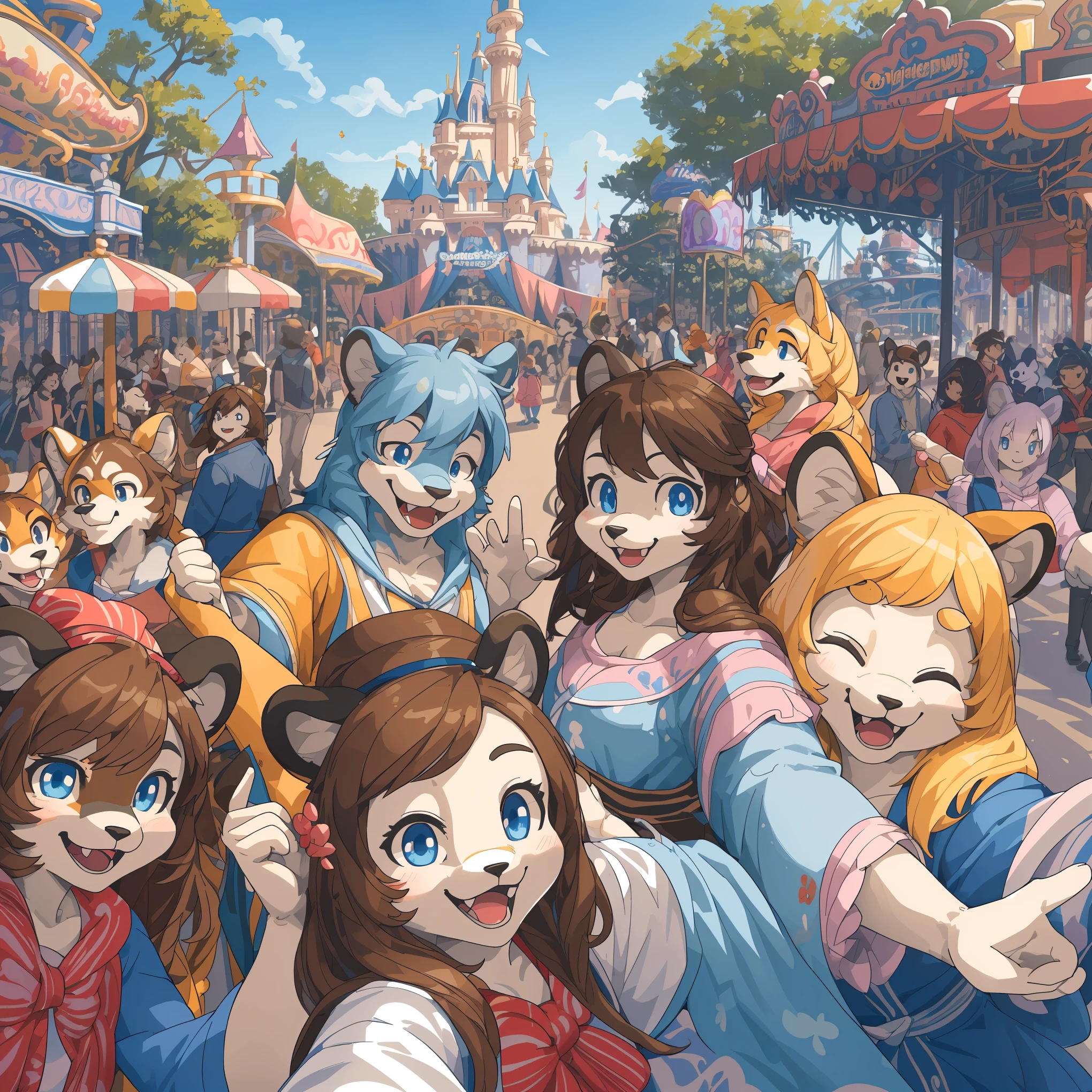 top quality, best quality, High-quality illustrations, masterpiece, super high resolution, detailed background, detailed background, An amusement park, Disneyland, group shot:0.5, 6+boys, 6+girls, Happy, joyful, absurdres(highly detailed beautiful face and eyes)perfect anatomy(Photos taken with friends)(kemono, furry anthro)selfie:0.5,