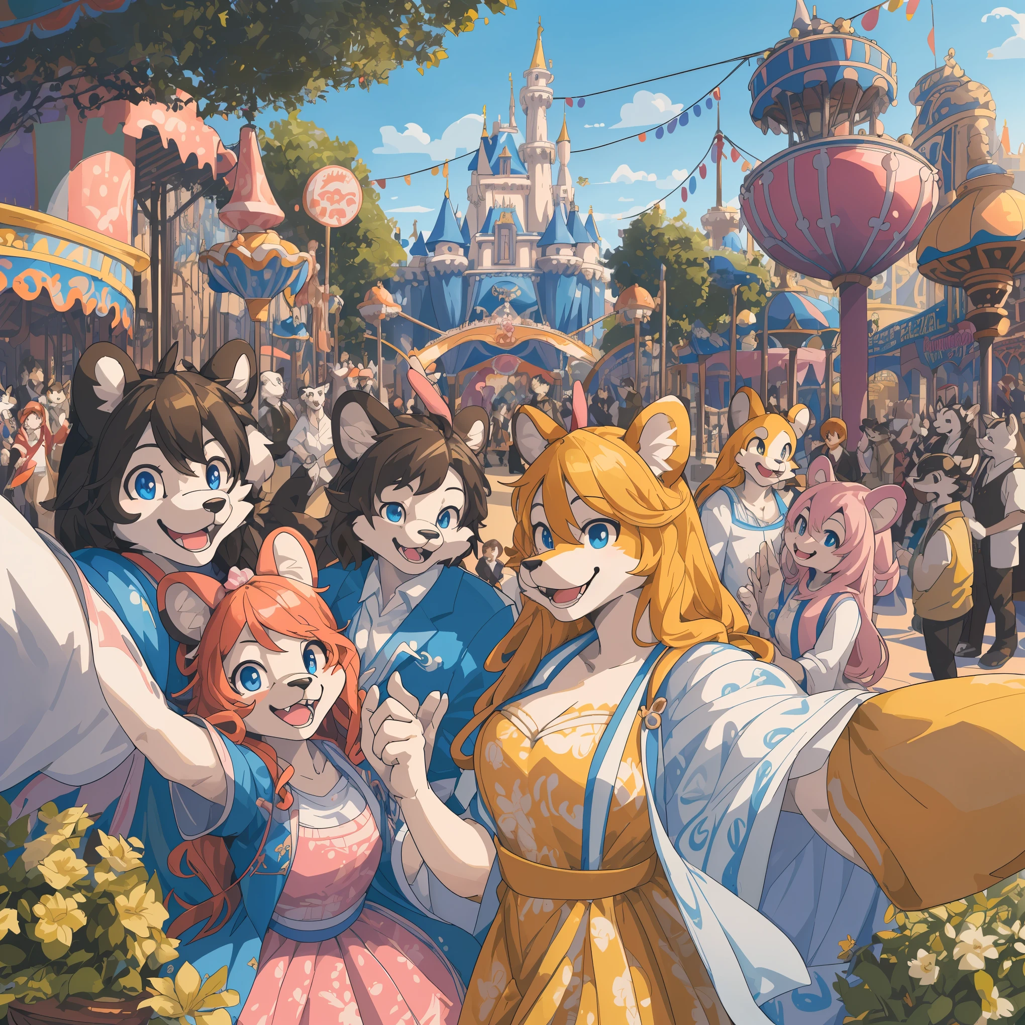 top quality, best quality, High-quality illustrations, masterpiece, super high resolution, detailed background, detailed background, An amusement park, Disneyland, group shot:0.5, 6+boys, 6+girls, Happy, joyful, absurdres(highly detailed beautiful face and eyes)perfect anatomy(Photos taken with friends)(kemono, furry anthro)selfie:0.5,
