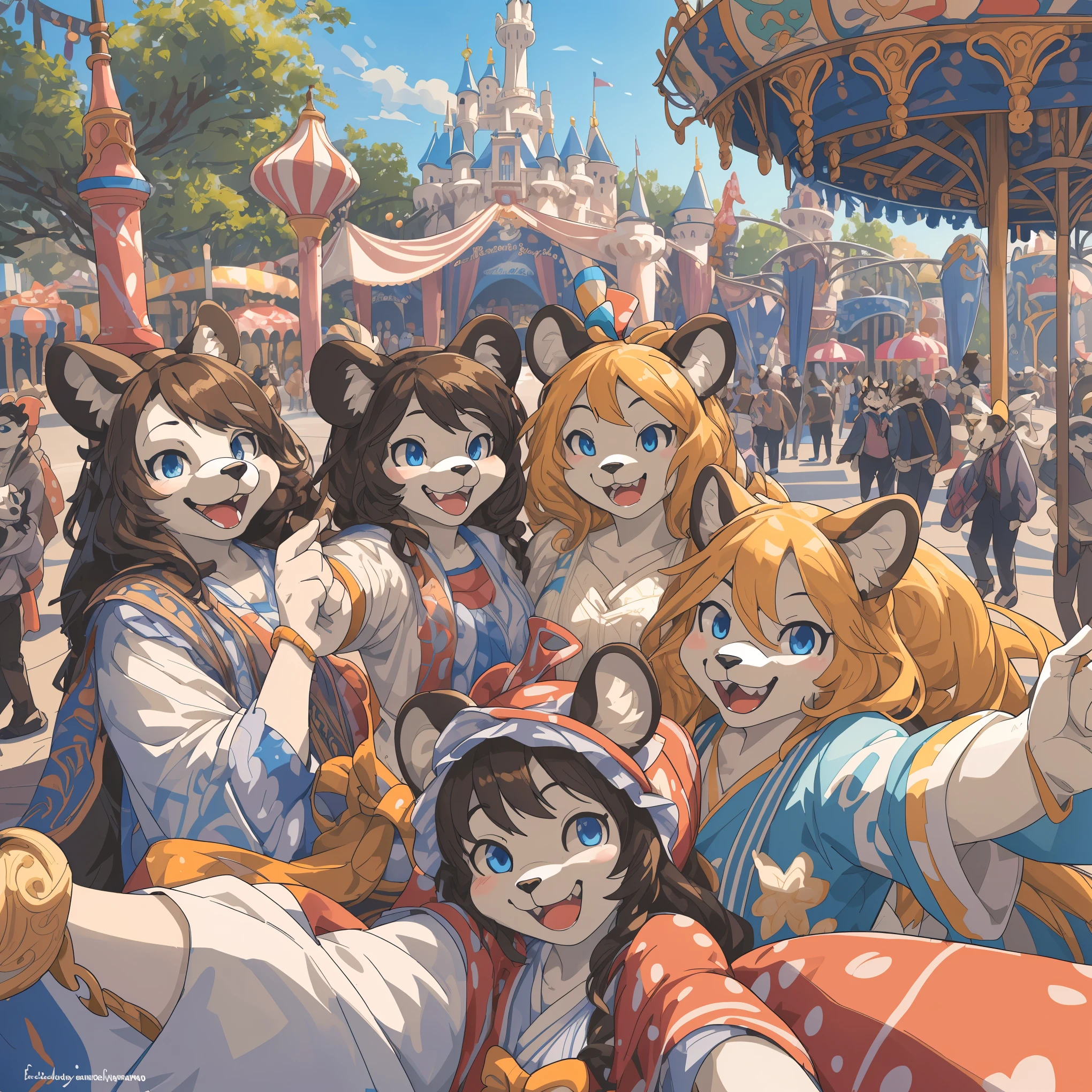 top quality, best quality, High-quality illustrations, masterpiece, super high resolution, detailed background, detailed background, An amusement park, Disneyland, group shot:0.5, 6+boys, 6+girls, Happy, joyful, absurdres(highly detailed beautiful face and eyes)perfect anatomy(Photos taken with friends)(kemono, furry anthro)selfie:0.5,