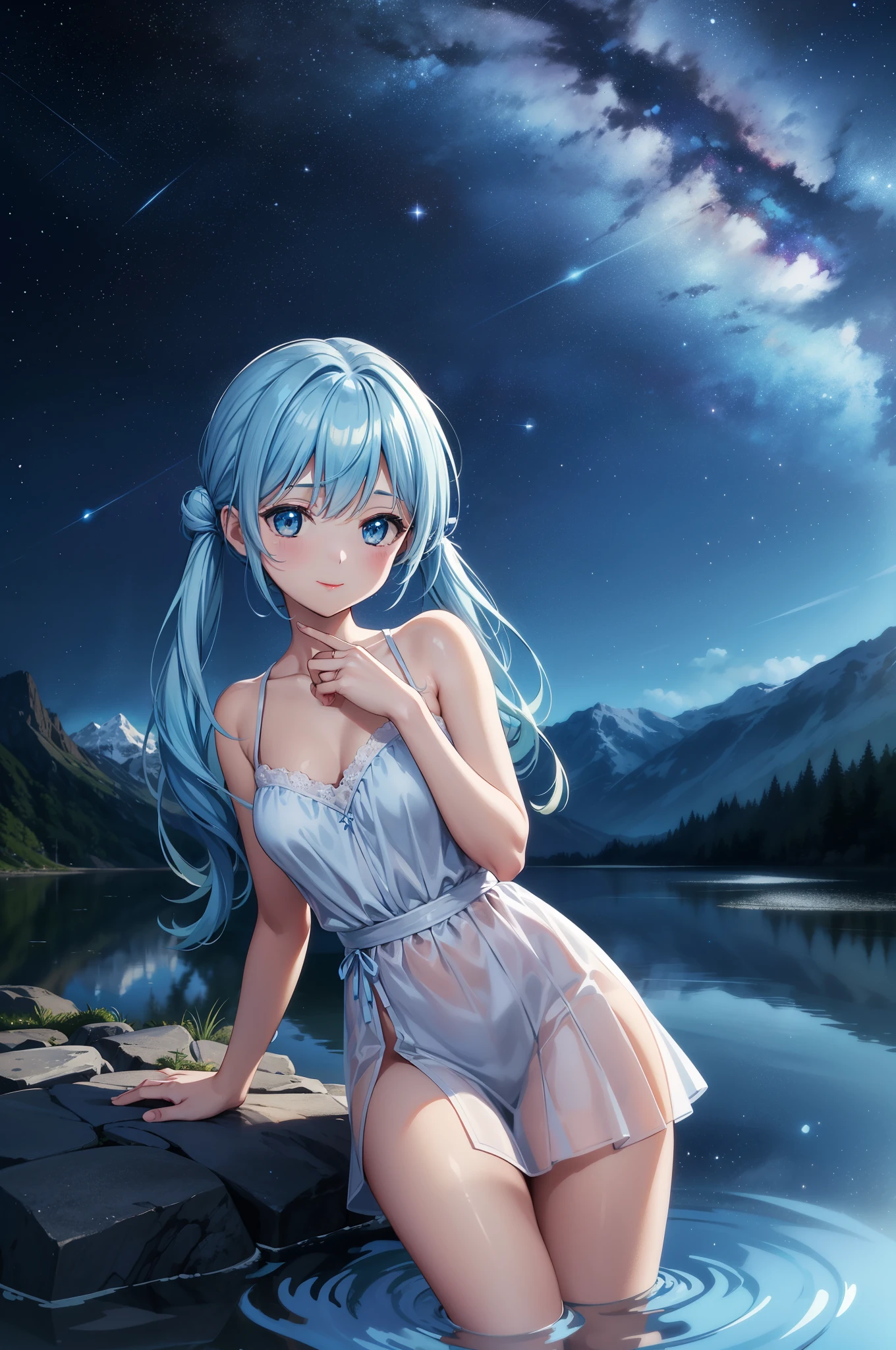 {{{table top}}}, {{best quality, Super delicate illustration, beautiful and delicate water}}, {{very delicate light}}, {{nature, painting}}, {{Fine Lighting, more transparent stars, Quality Mountains々、Very fine 8K PCG wallpaper}}, (plateau), night sky、starry sky、shooting star、milky way、randomly distributed clouds, cliff, ((回転するstarry sky)), ((mountain stream lake)), Beautiful girl with long light blue hair with luminous particles、twin tails、adorable smile、looking at the camera