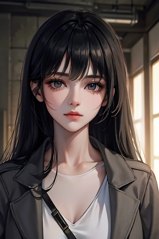 （The finest quality details，Beautiful image，8K，lifelike，dramatic lighting 1:1)(Digital art digital illustrations)，Inside the shelter，(cool dim lighting)，16 year old girl，grey jacket，Bangs，long black hair，Beautiful and delicate face，a chaotic dystopia，future，