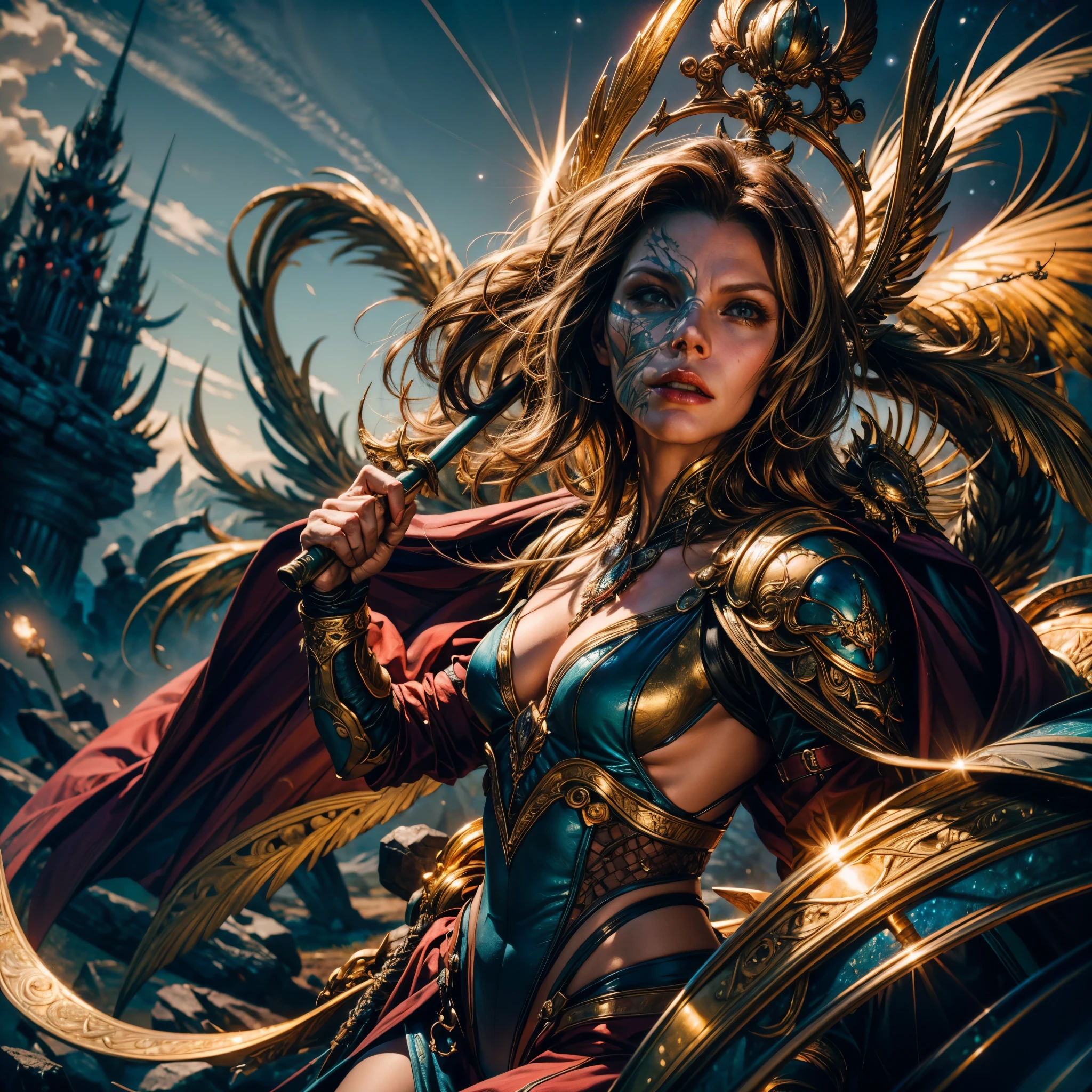 Epic Beautiful painting of Michelle-Pfeiffer as perfect gorgeous female warrior, shapeless long fullbody, perfect features, (wearing extremely baroque armor Chainmail_Armor), abstract beauty, near perfection, pure form, dynamic pose, ethereal background, (deep dark shadows), (strong cinematic lighting), (back lighting), "Michelle-Pfeiffer" concept art by Greg Rutkowski and John William Waterhouse and Alphonse Mucha, epic stunning details, intricate details, hyper post-production, ultra High resolution, ultra high details, trending on ArtStation, ultra sharp focus, depth of field f/1.8, studio photos, (((looking at camera))) magv1ll high details, best quality, absurdres [ultra detailed], masterpiece, ultra high best quality, (extremely detailed), dynamic angle, ultra wide shot, photorealistic, ((fantasy art)) ((larry elmore style)), dnd art, rpg art, realistic art, female human druid of the stars, guardian of nature, controlling magical energy made of stars, swirling blue stary magical light, divine symbols (1.5 intricate details, Masterpiece, best quality, absurdres), human female, extremally beautiful, ultra feminine, dynamic hair, dynamic hair color, wearing leather armor, holding a staff, moon light, stars, dynamic natural background, RPG art, magical atmosphere magic-fantasy-forest, ultra best realistic, best details, best quality, absurdres, [ultra detailed], masterpiece, ultra best quality, (extremely detailed), ultra wide shot, photorealism, depth of field, hyper realistic painting, 3D rendering, varies multi etc. --v 6 --s 1000 --c 20 --q 20 --chaos 100