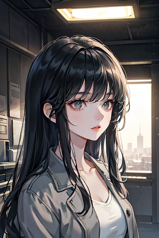 (The finest quality details,Beautiful image,8K,lifelike,dramatic lighting 1:1)(Digital art digital illustrations),Inside the shelter,(cool dim lighting), girl,grey jacket,Bangs,long black hair,Beautiful and delicate face,a chaotic dystopia,future,