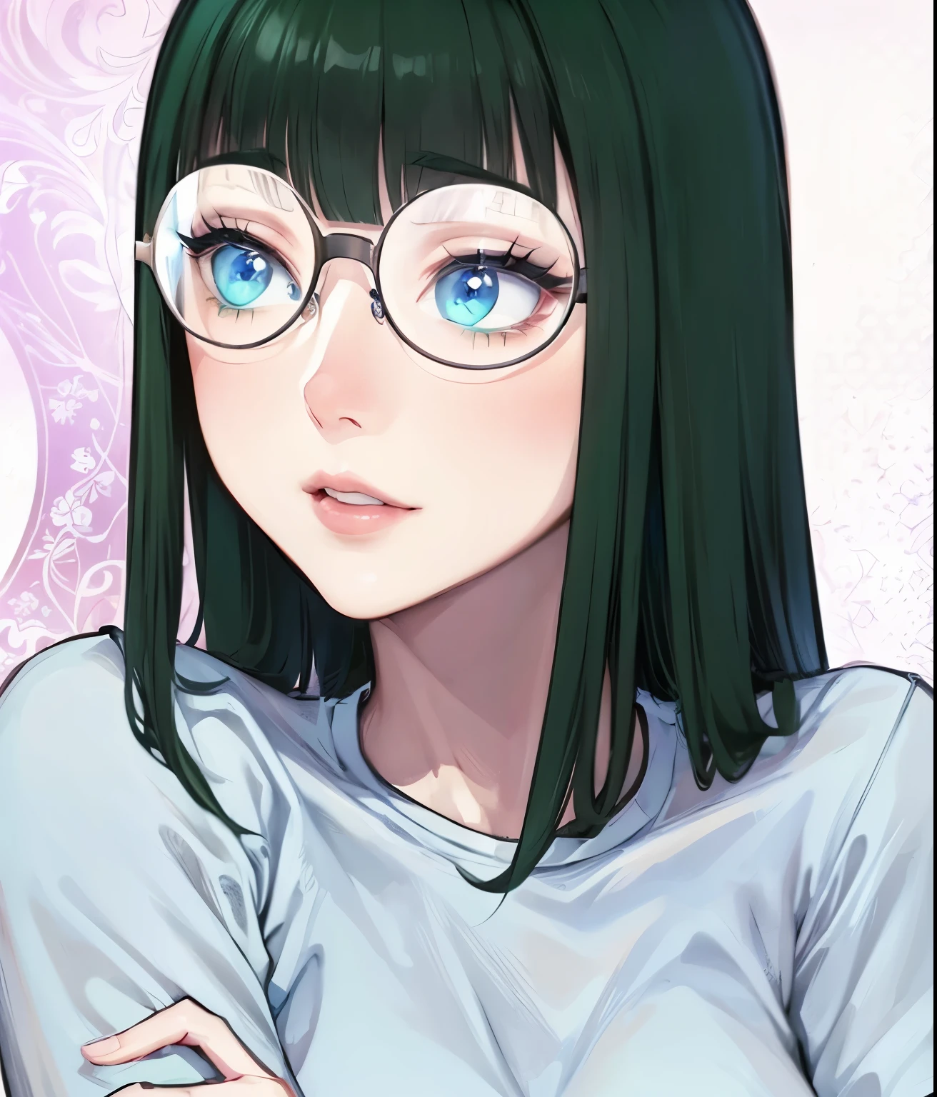 (masterpiece, best quality:1.4), (extremely detailed, 8k, uhd), cinematic shot, natural lighting, ultra highres, vibrant rich colors, (beautiful, aesthetic, perfect, delicate, intricate:1.2), (sharp focus, from front:1.3), eye level shot, 1girl, portrait of a anime girl, young, green hair, (extremely hot, attractive, beautiful, sexy, feminine:1.2) sexy, romantic, lovable, serious look, expressive blue eyes, long eyelashes, relaxed (smiling:1.2), full body (beautiful detailed face, highly detailed skin, green eyes, glasses), gorgeous, breathtaking beauty, seductive, captivating, pale skin, perfect female figure, (slim:0.5), (wearing a dark t-shirt :1.2), (highly saturated lipstick, luscious thick lips), intricate details, daytime, award winning photography, detailed background, volumetric fx, anime, hyper-detailed