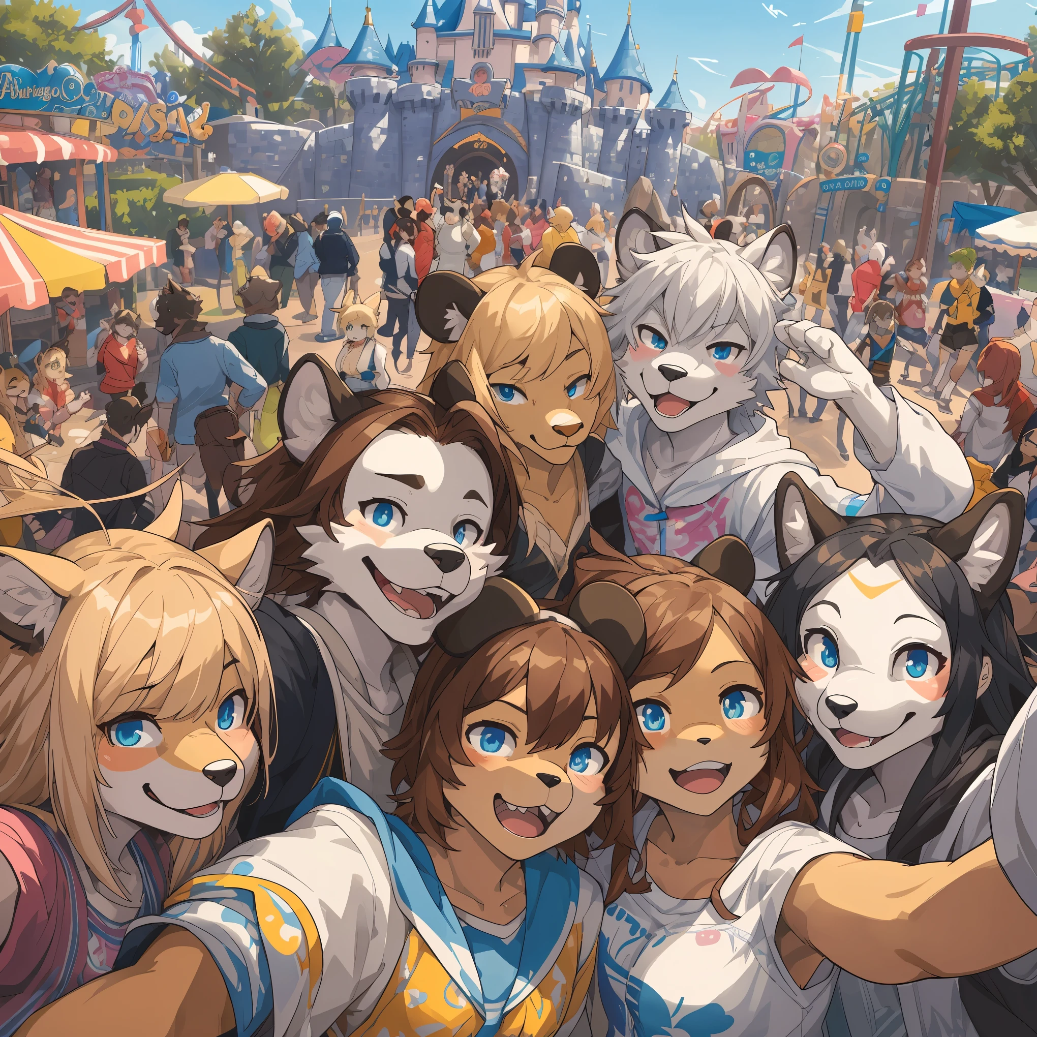 top quality, best quality, High-quality illustrations, masterpiece, super high resolution, detailed background, detailed background, An amusement park, Disneyland, group shot:0.5, 6+boys, 6+girls, Happy, joyful, absurdres(highly detailed beautiful face and eyes)perfect anatomy(Photos taken with friends)(kemono, furry anthro)selfie:0.5,
