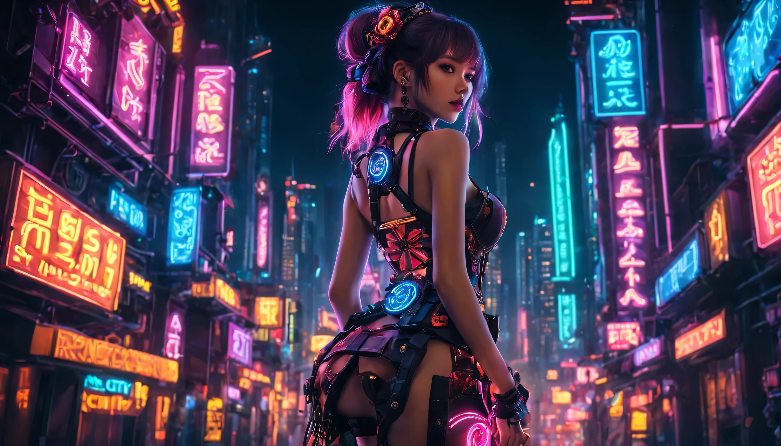 (masterpiece, Best Quality, Official art, Beautiful and aesthetic:1.2),(1girl, full body:1.4), highly detailed, (Fractal Art:1.3),(Colorful:1.5), (Mechanical modification:1.3),(corrected:1.2),Maiden,(A complex mechanical conduit is inserted into the back:1.5), (Neon background:1.4),(Neon City:1.75),Night,big breasts,(Gothic ta:1.2),high-heels,(:0.75),makeup,blush,(Cyberpunk:1.4),((Looking at Viewer:1.3)),((Looking back)),brunette, sun burn, Nikon D850 Film Stock Photography 4 Kodak Portra 400 Camera F1.6 lens rich colors hyper realistic lifelike texture dramatic lighting unrealengine trending on artstation cinestill 800,