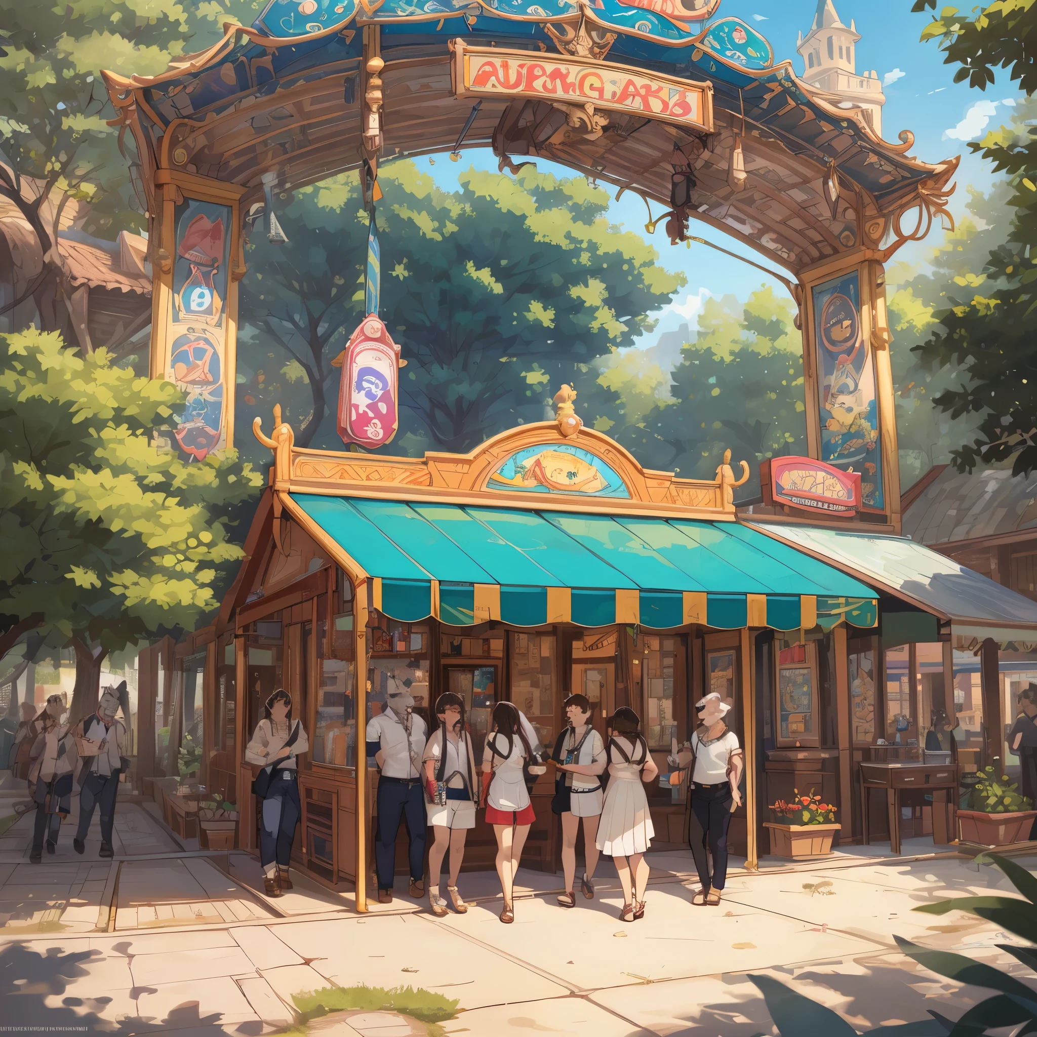 top quality, best quality, High-quality illustrations, masterpiece, super high resolution, detailed background, detailed background, An amusement park, Disneyland, group shot:0.5, 6+boys, 6+girls, Happy, joyful, absurdres(highly detailed beautiful face and eyes)perfect anatomy(Photos taken with friends)(kemono, furry anthro)selfie:0.5,