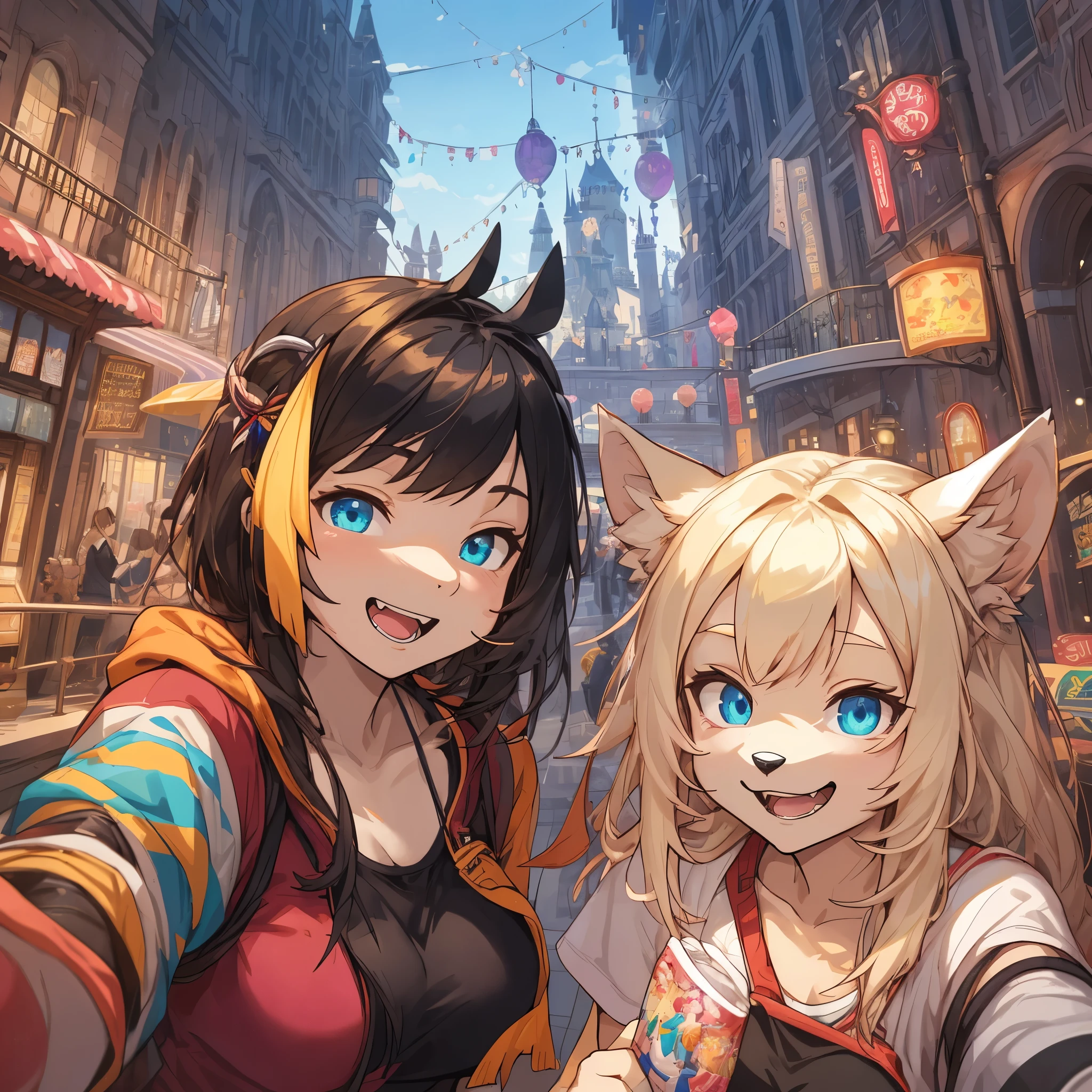 top quality, best quality, High-quality illustrations, masterpiece, super high resolution, detailed background, detailed background, An amusement park, Disneyland, group shot:0.5, 6+boys, 6+girls, Happy, joyful, absurdres(highly detailed beautiful face and eyes)perfect anatomy(Photos taken with friends)(kemono, furry anthro)selfie:0.5,