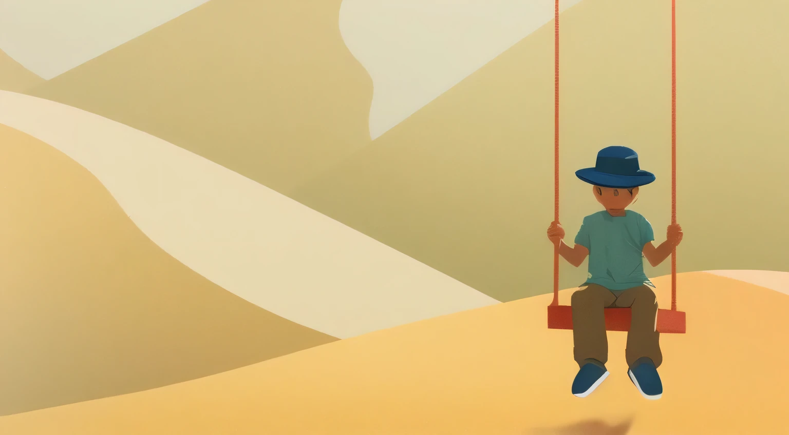 There is a boy who is sitting on a swing in the sand, illustration”, 2d illustration, 2 d illustration, illustration!, flat illustration, inspirado em Emiliano Ponzi, 2d matte illustration, arte conceitual de menino solteiro, digital illustration, animation illustrative style, shaded flat illustration, stylised illustration, stylized digital illustration, animation still, detailed 2d illustration