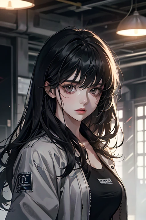 (The finest quality details,Beautiful image,8K,lifelike,dramatic lighting 1:1)(Digital art digital illustrations),Inside the shelter,(cool dim lighting),16 year old girl,grey jacket,Bangs,long black hair,Beautiful and delicate face,a chaotic dystopia,future,