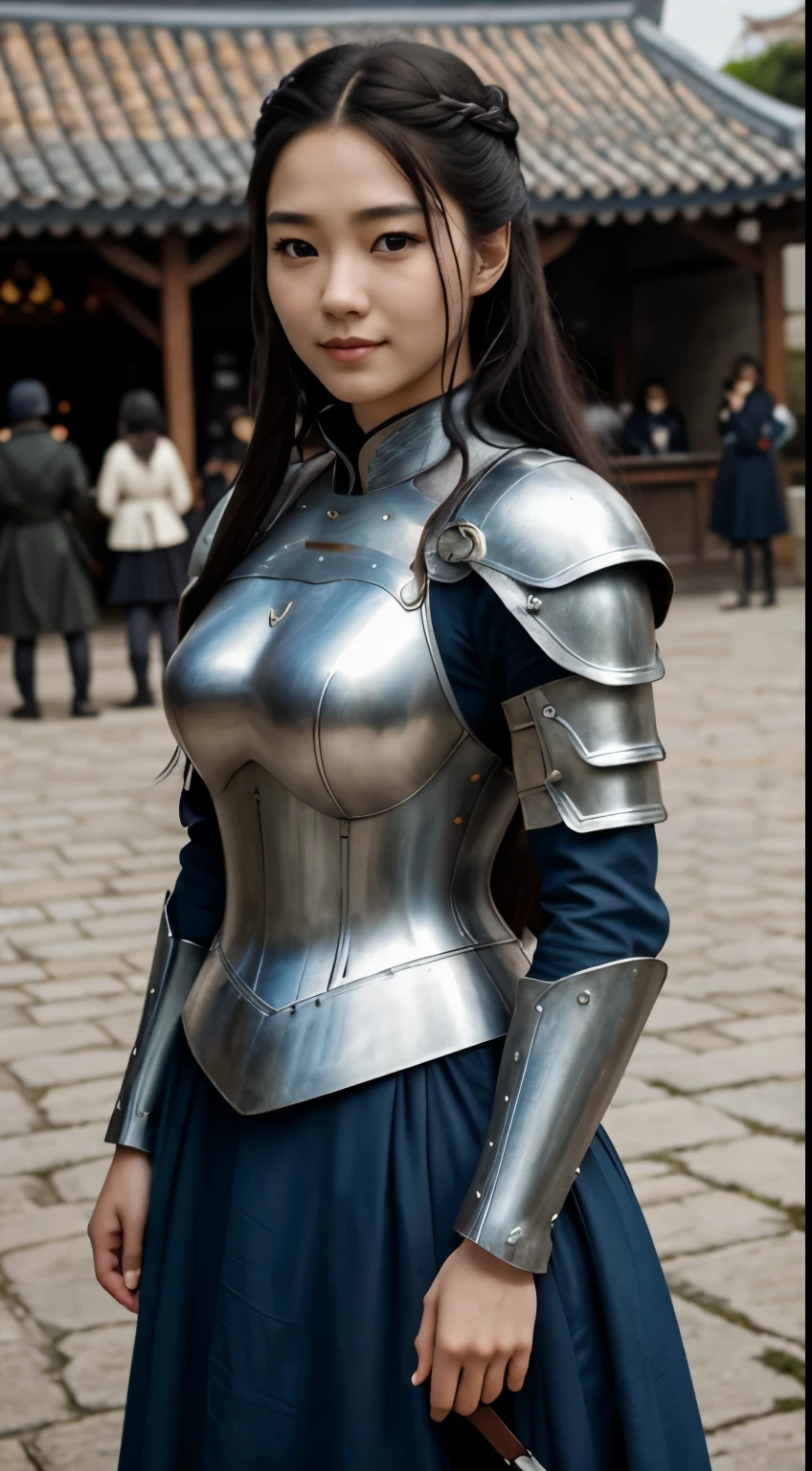 Foto hiperrealista en primer plano de Kim Joo (Korean girl), Create dystopian masterpieces, scene from the Game of Thrones movie, the entire figure dressed in Game of Thrones style, light blue dress with armor accessories, om a medieval market square,  beautiful woman, skinny skinny, large breasts, black long hair, detailed face, smile, facing the camera, photo taken from a distance, age of 25 years old