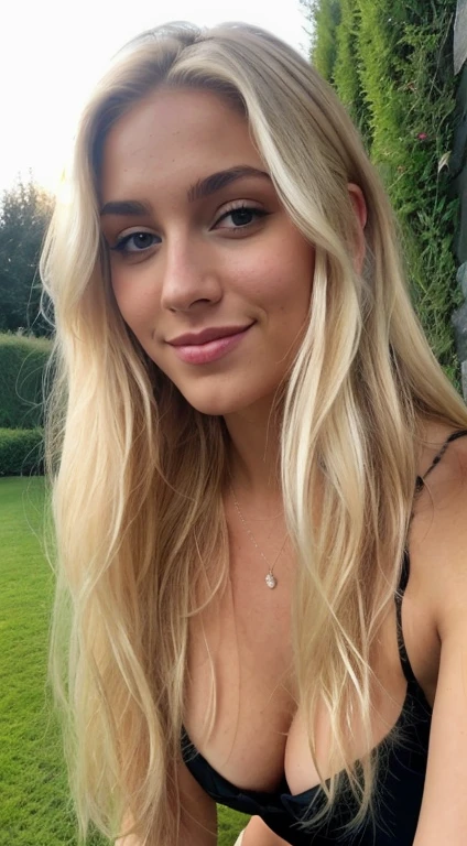 A 23 year old blonde woman, ((big )), ((Hyperrealismus)) ,. Blondes Haar mit hellbraunem Ansatz. blondes Haar, Haare mit braunen Wurzeln, extra langes Haar, sehr langes Haar, wirklich lange Haare, Nice, Vorderansicht, Selfie, Mit dem iPhone aufgenommenes Foto, elegantes schwarzes Hemd mit Escote, escotada, Selfie in the garden, Good quality, Selfie iPhone, Dekollete