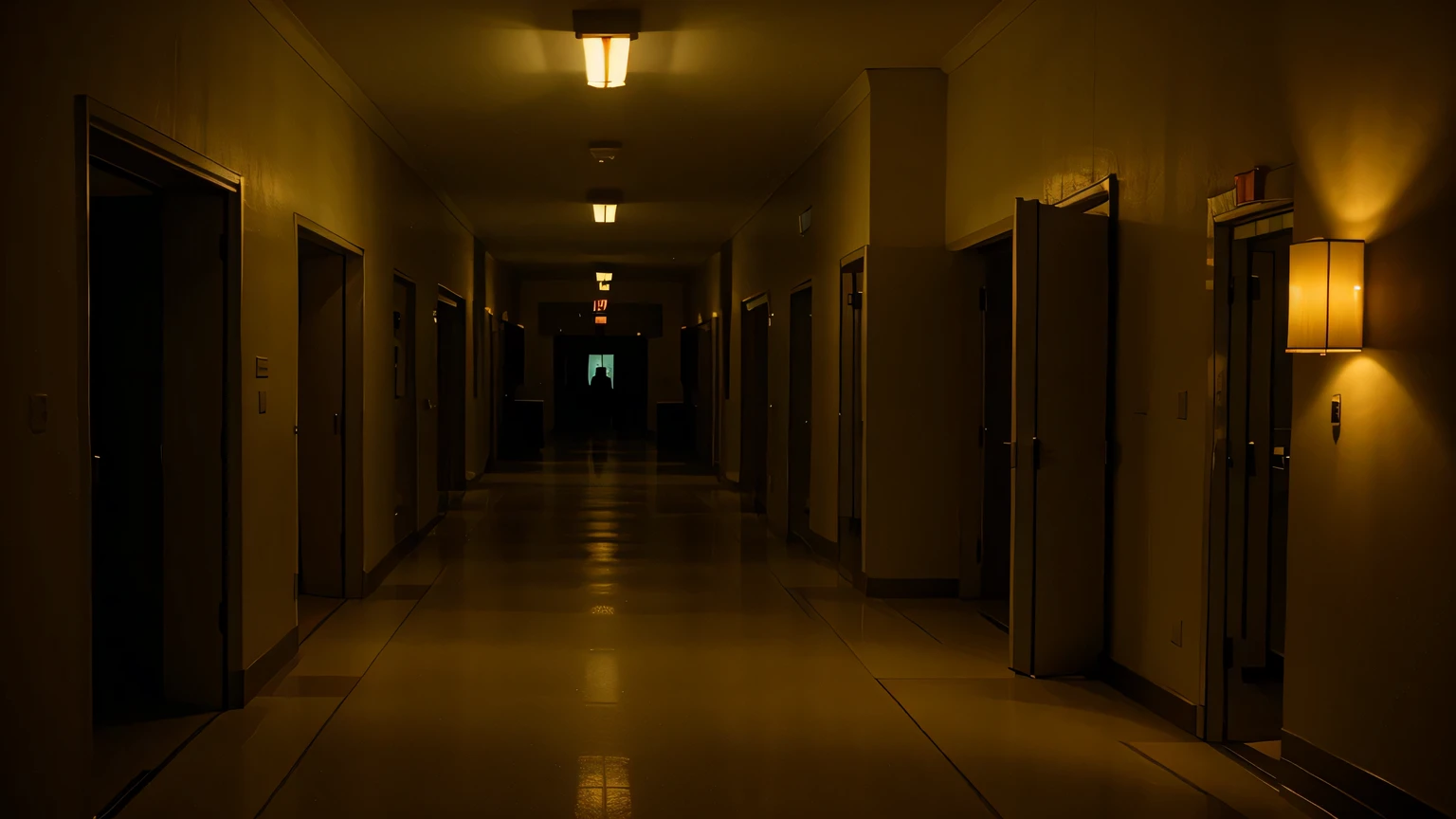 Macabre hospital corridor at night, Poor lighting, cinematic brilliance, ultra-detalhado, uma obra de arte, Horror, Cinematic scene, Luz pequena
