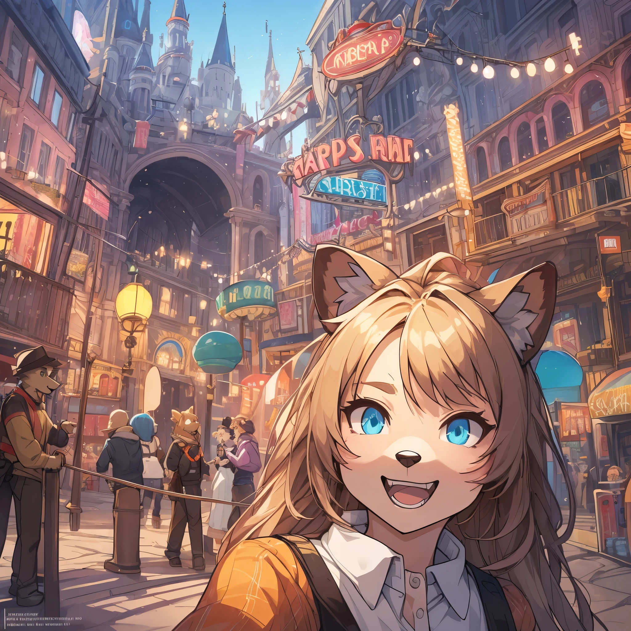 top quality, best quality, High-quality illustrations, masterpiece, super high resolution, detailed background, detailed background, An amusement park, Disneyland, group shot:0.5, 6+boys, 6+girls, Happy, joyful, absurdres(highly detailed beautiful face and eyes)perfect anatomy(Photos taken with friends)(kemono, furry anthro)selfie:0.5,