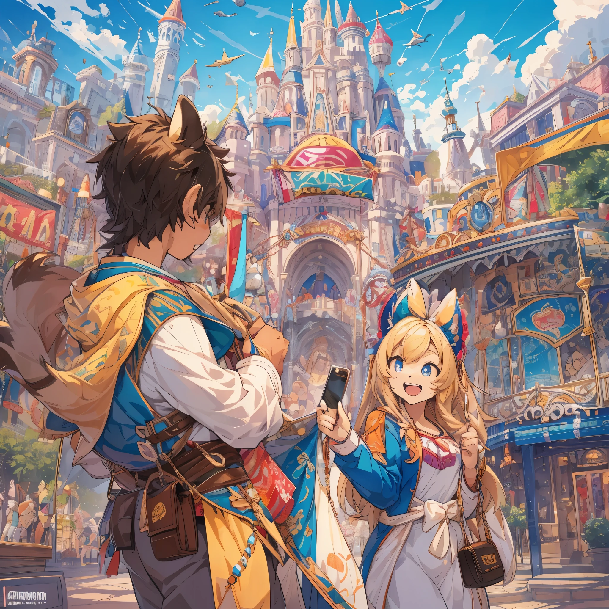 top quality, best quality, High-quality illustrations, masterpiece, super high resolution, detailed background, detailed background, An amusement park, Disneyland, group shot:0.5, 6+boys, 6+girls, Happy, joyful, absurdres(highly detailed beautiful face and eyes)perfect anatomy(Photos taken with friends)(kemono, furry anthro)selfie:0.5,