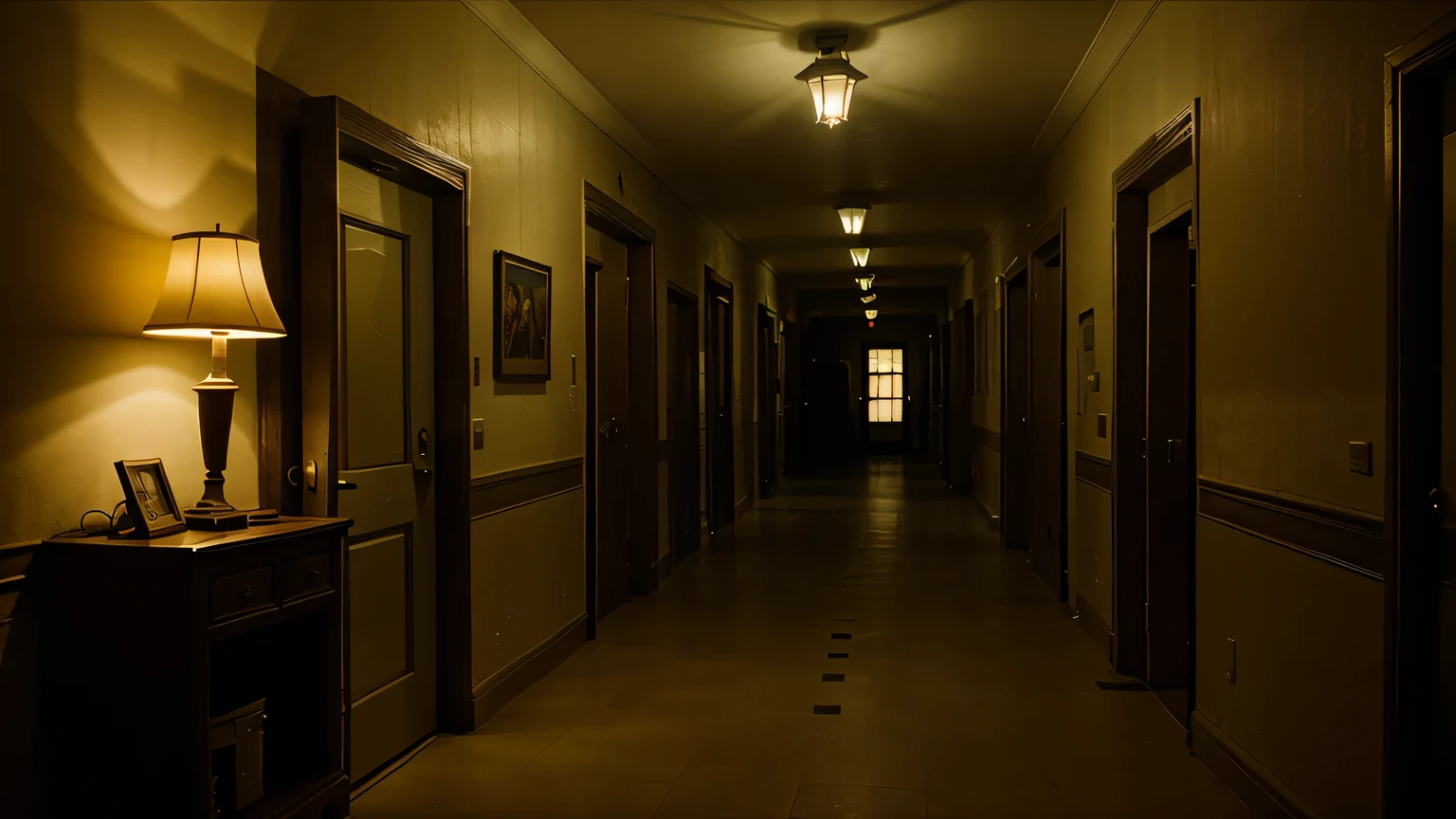 Macabre hospital corridor at night, Poor lighting, cinematic brilliance, ultra-detalhado, uma obra de arte, Horror, Cinematic scene, Luz pequena